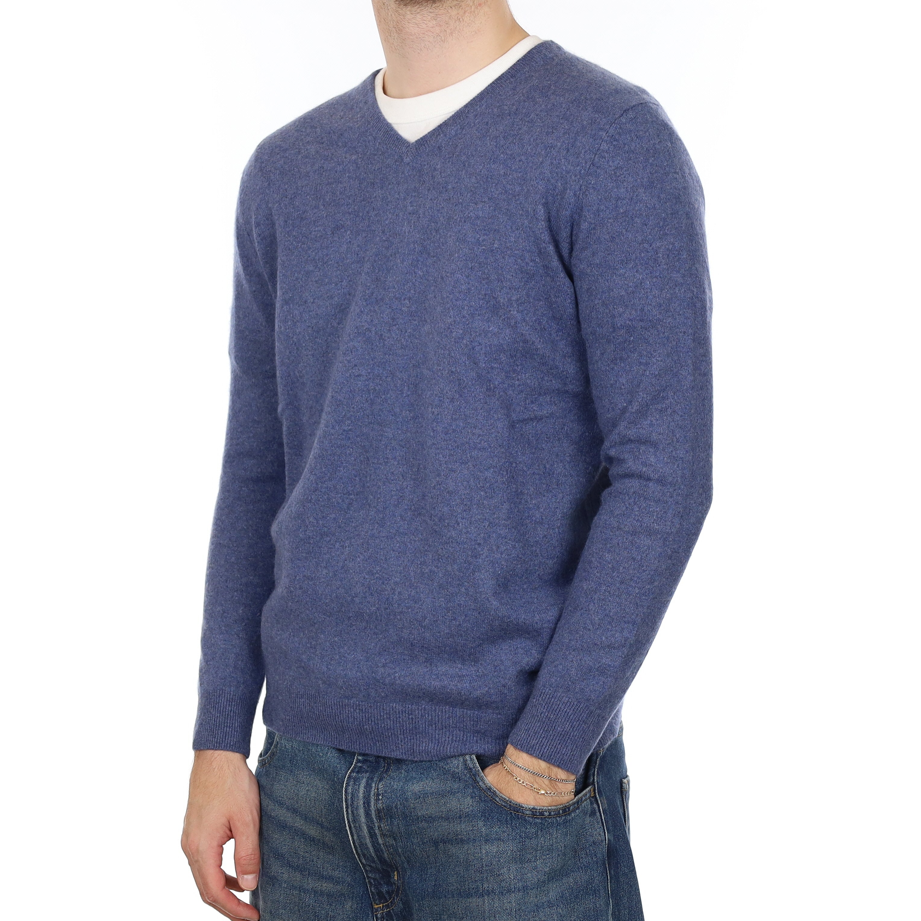 Men's Denim Blue Cashmere V Neck Jumper Large