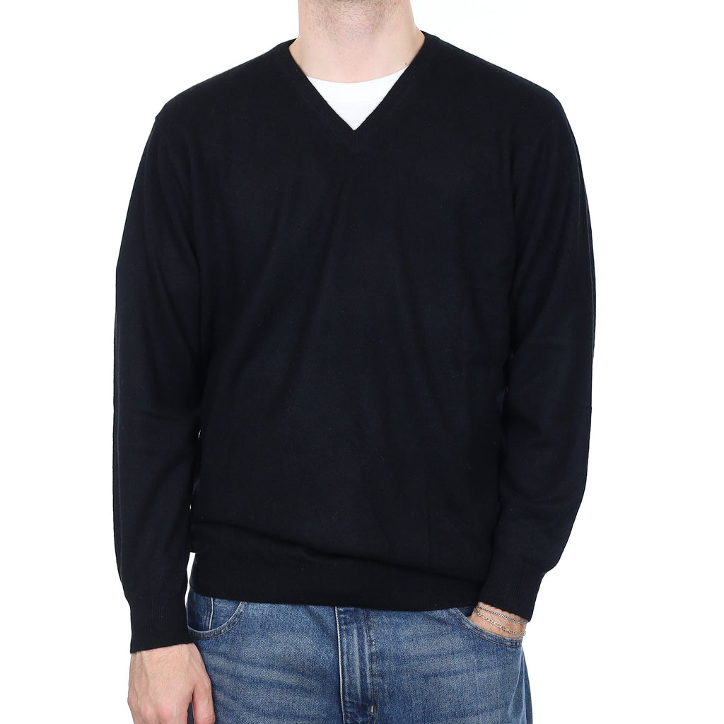 Men's Black Cashmere V Neck Jumper Large