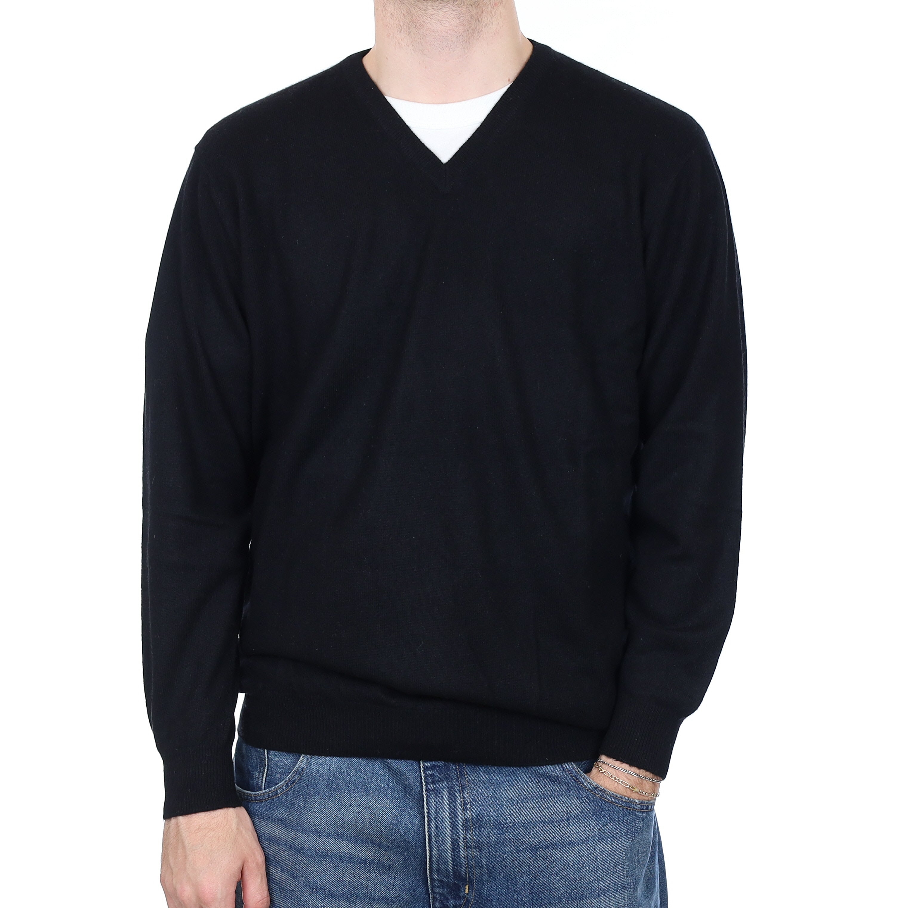 Men's Black Cashmere V Neck Jumper Large