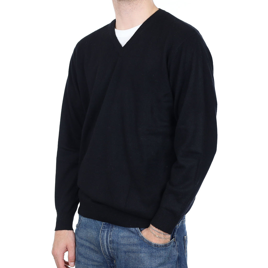 Men's Black Cashmere V Neck Jumper Large