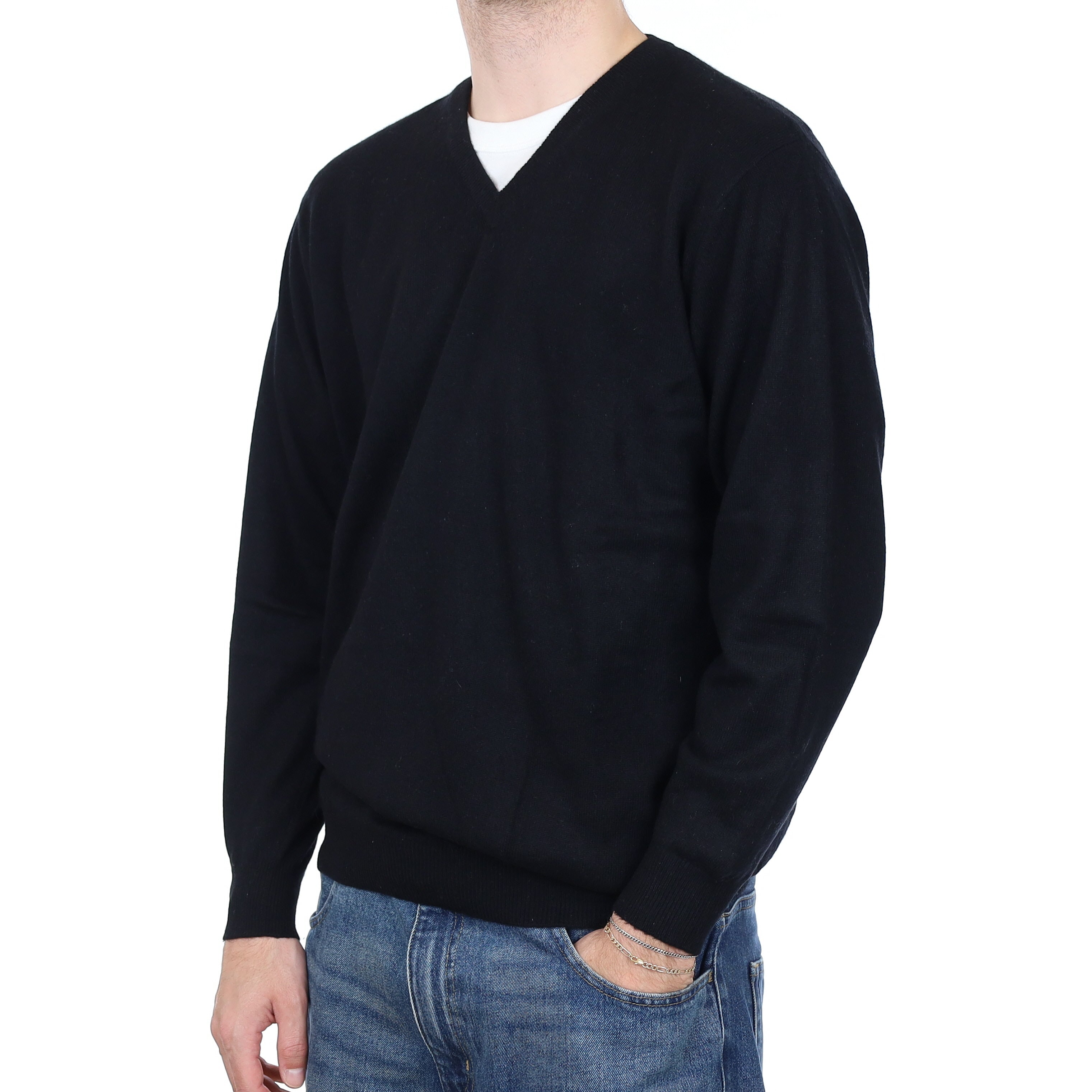 Men's Black Cashmere V Neck Jumper Large