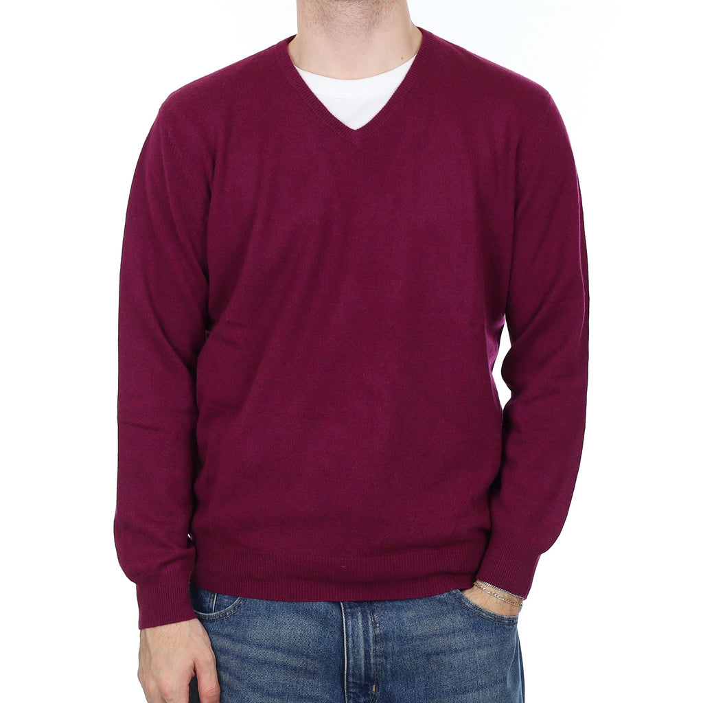 Men's Fig Purple Cashmere V Neck Jumper Large
