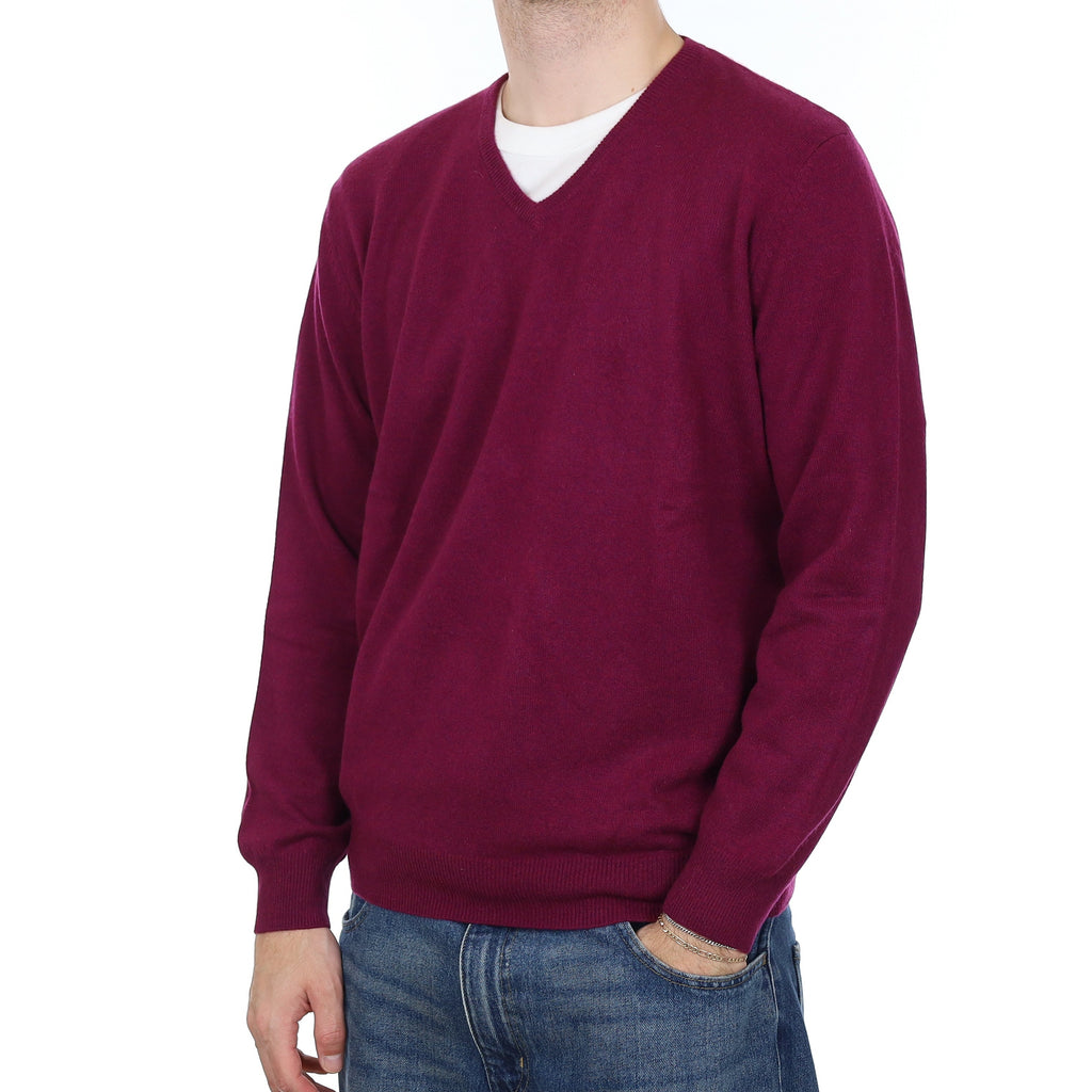 Men's Fig Purple Cashmere V Neck Jumper Large