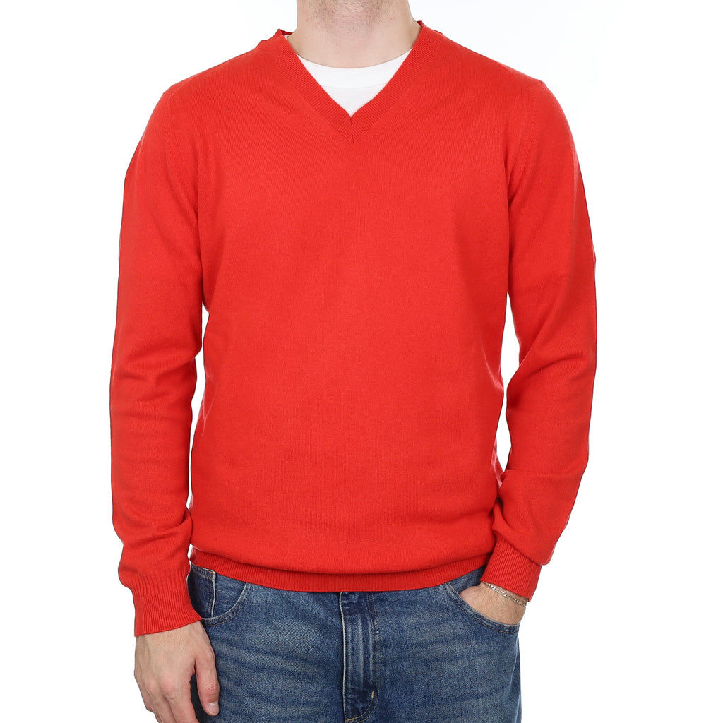 Men's Vermillion Red Cashmere V Neck Jumper Large