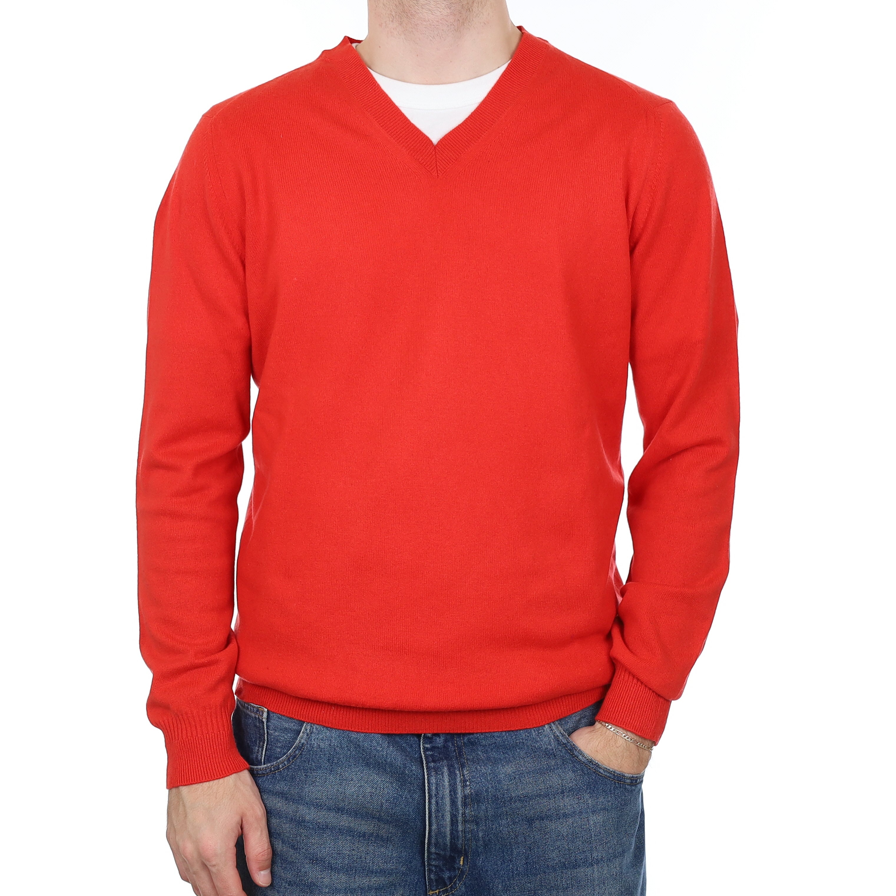Men's Vermillion Red Cashmere V Neck Jumper Large