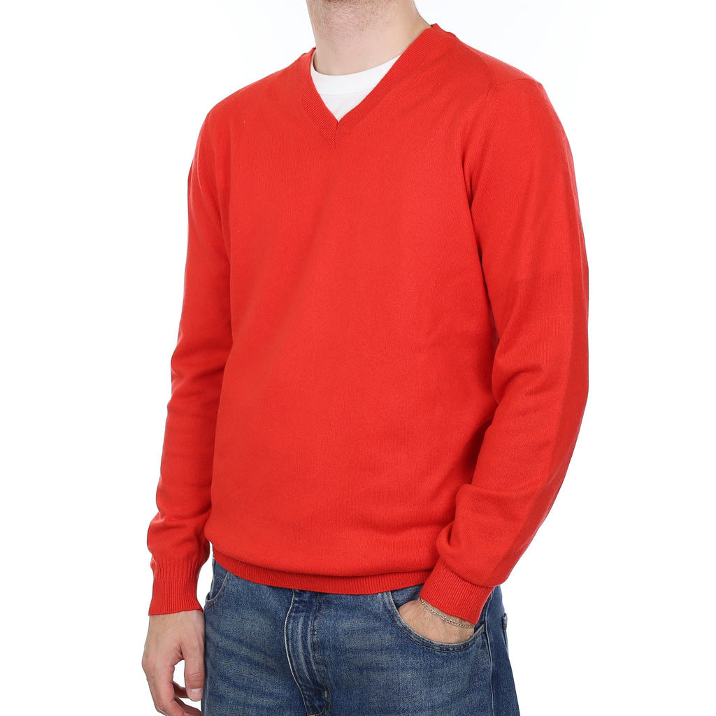Men's Vermillion Red Cashmere V Neck Jumper Large