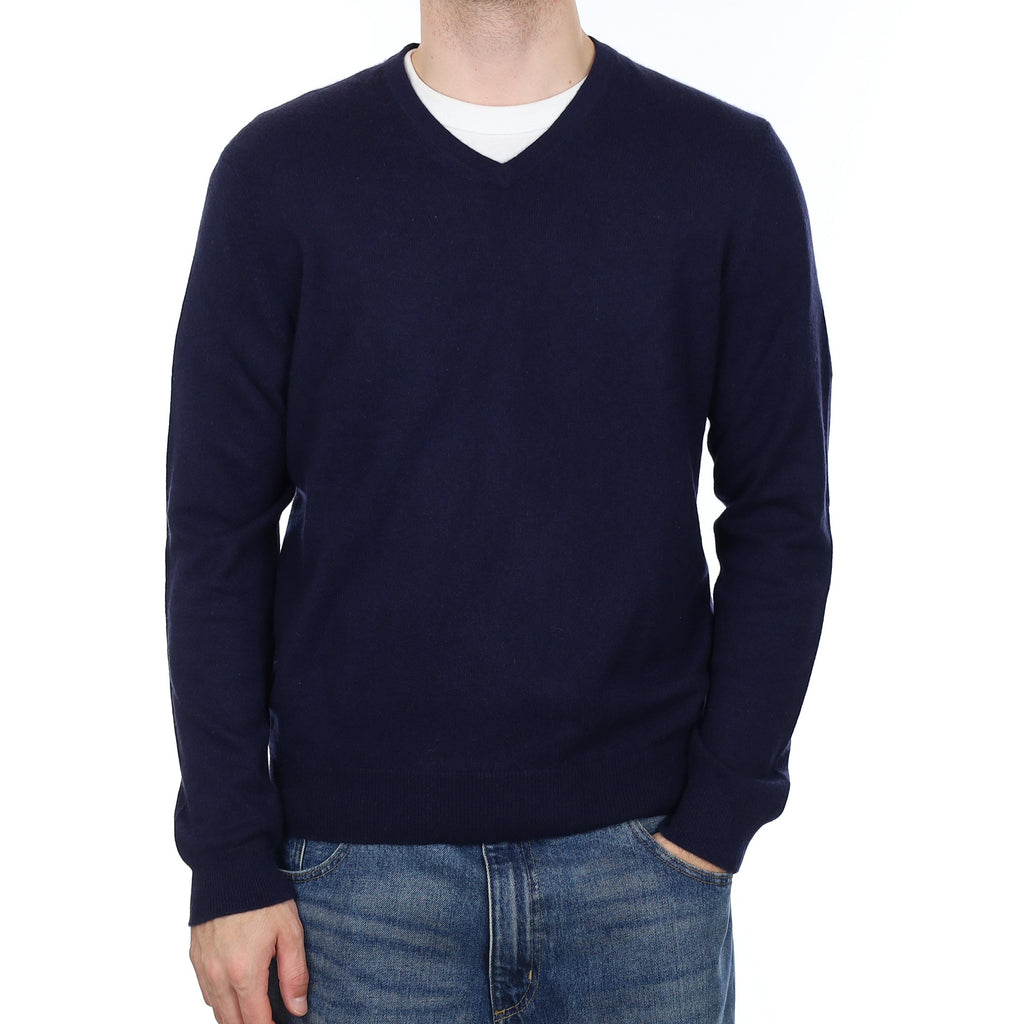 Men's Navy Blue Cashmere V Neck Jumper Large
