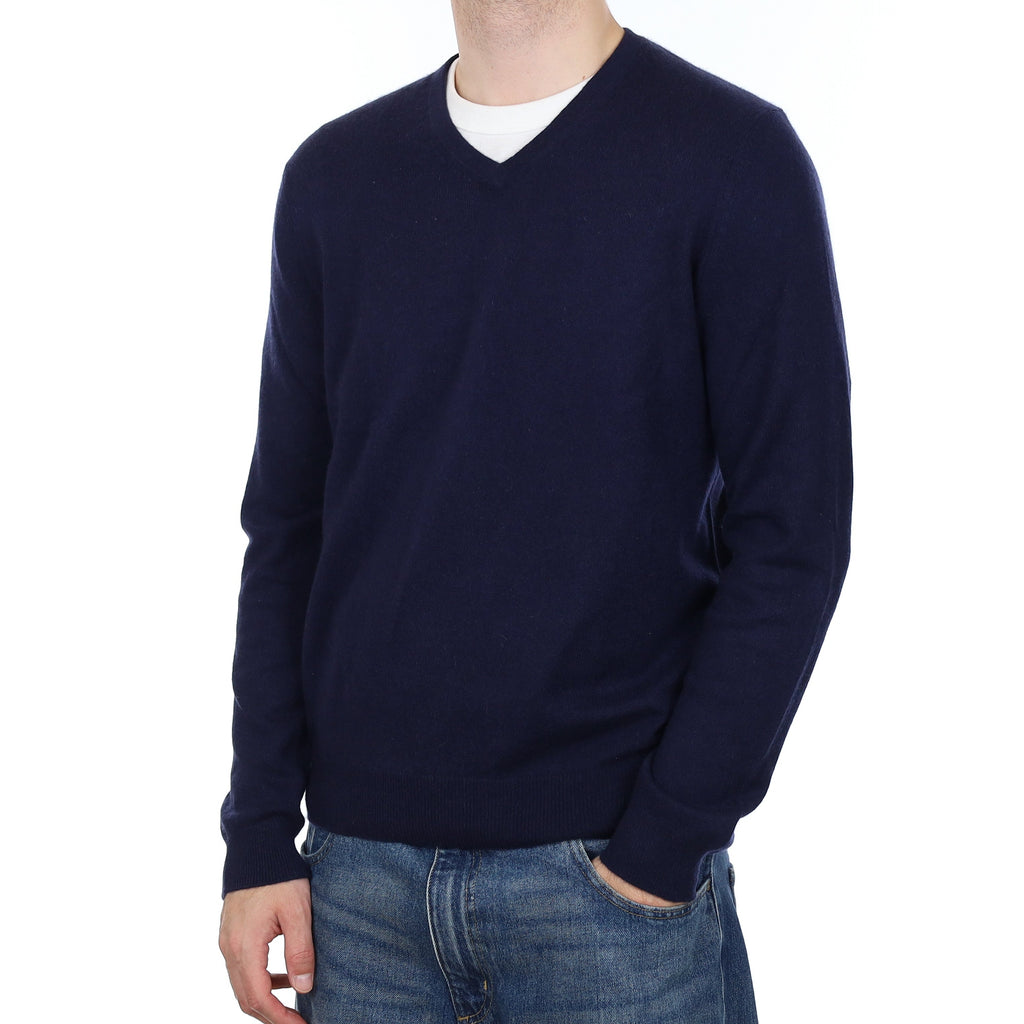 Men's Navy Blue Cashmere V Neck Jumper Large