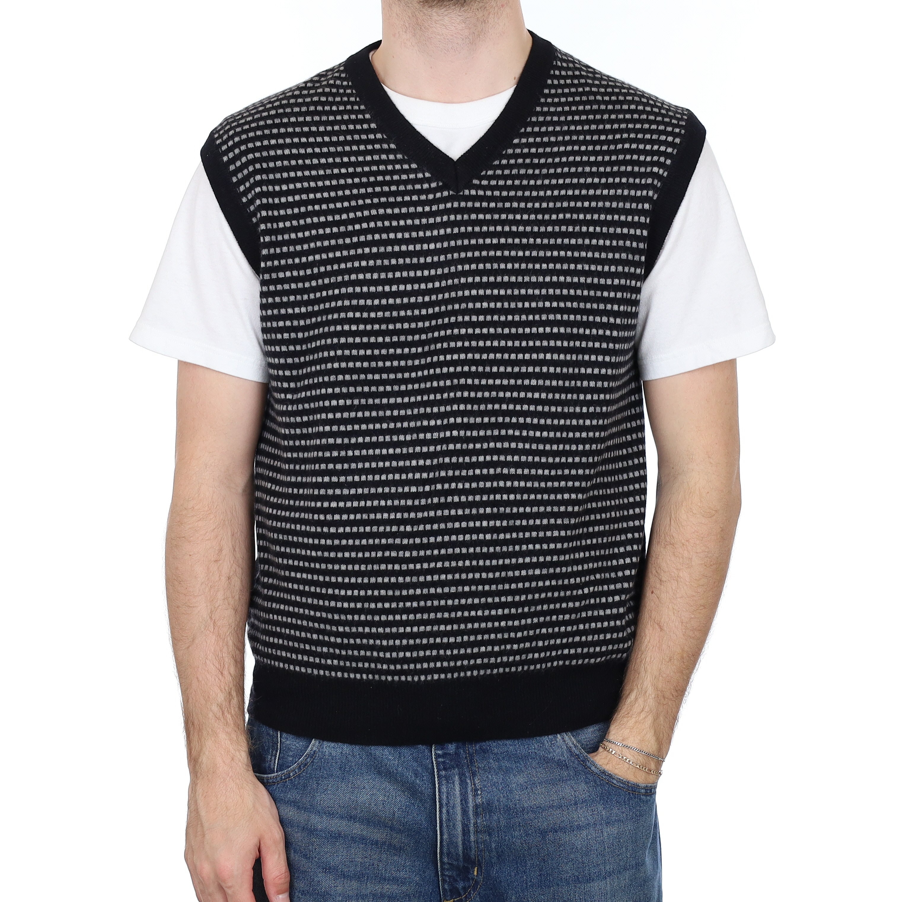 Men's Black and Grey Patterned Cashmere V Neck Tank Top Large