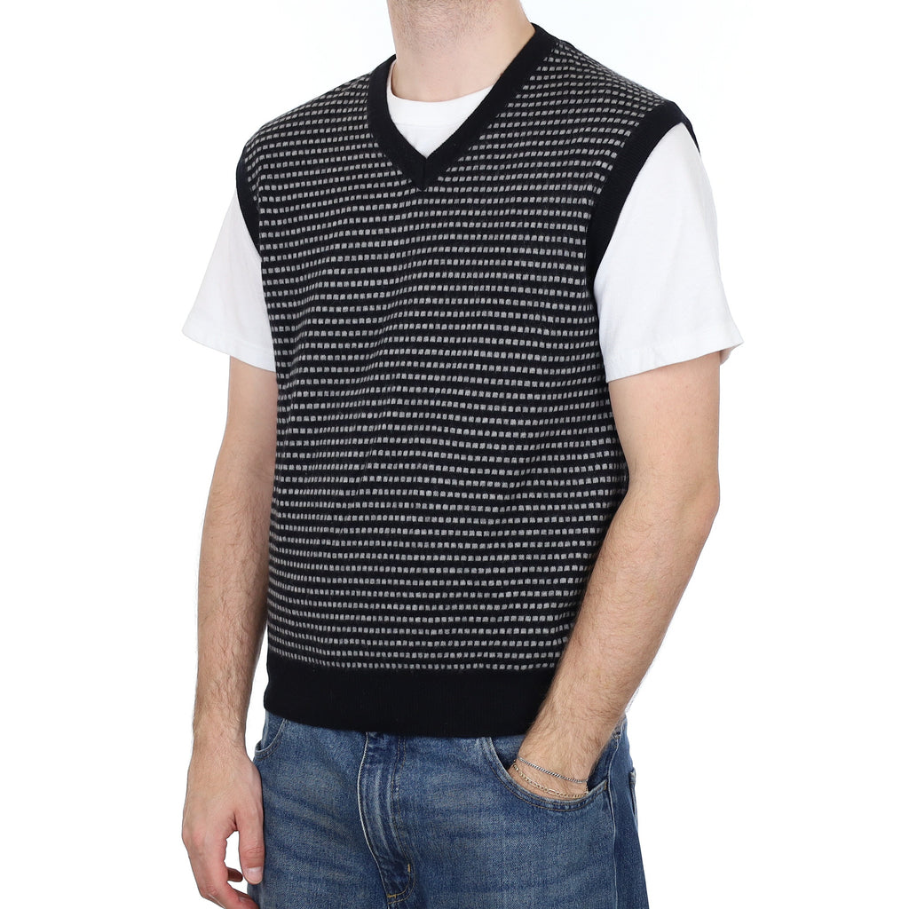 Men's Black and Grey Patterned Cashmere V Neck Tank Top Large