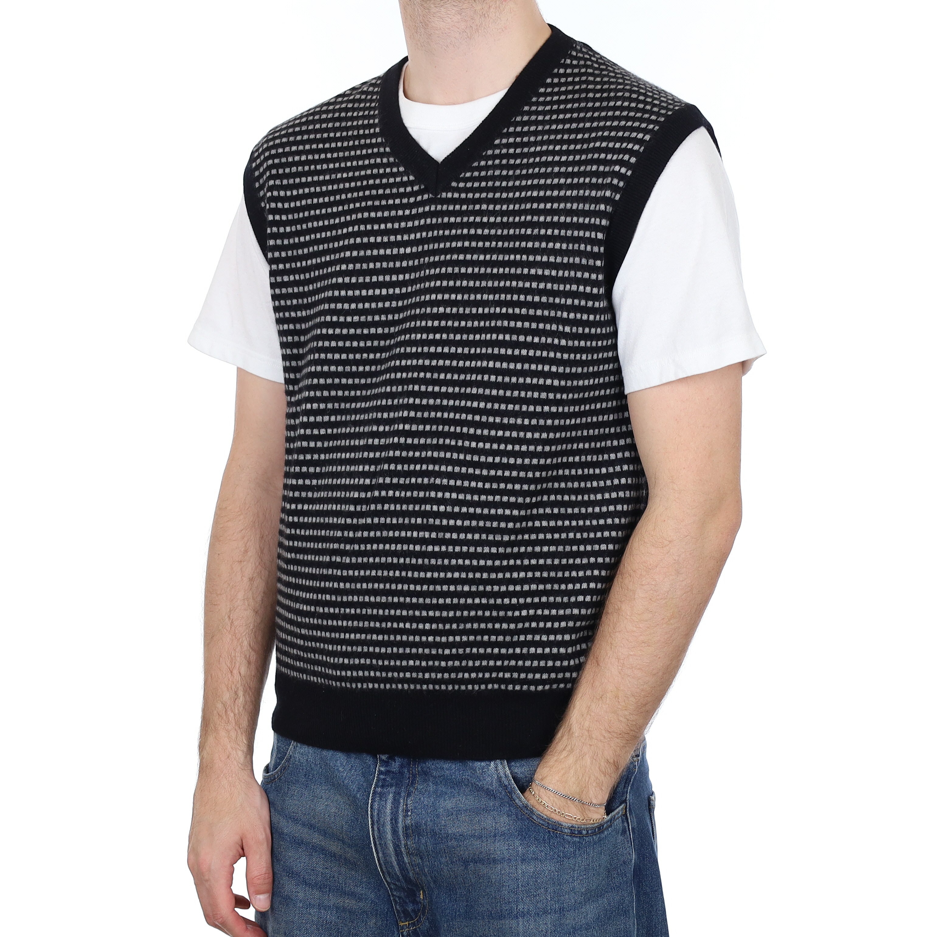 Men's Black and Grey Patterned Cashmere V Neck Tank Top Large