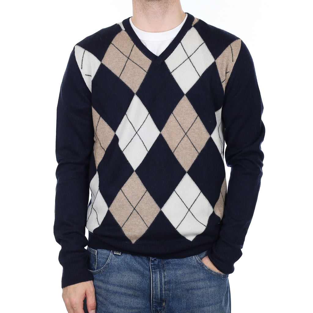 Men's Scottish Pringle Navy Diamond Cashmere V Neck Jumper Large
