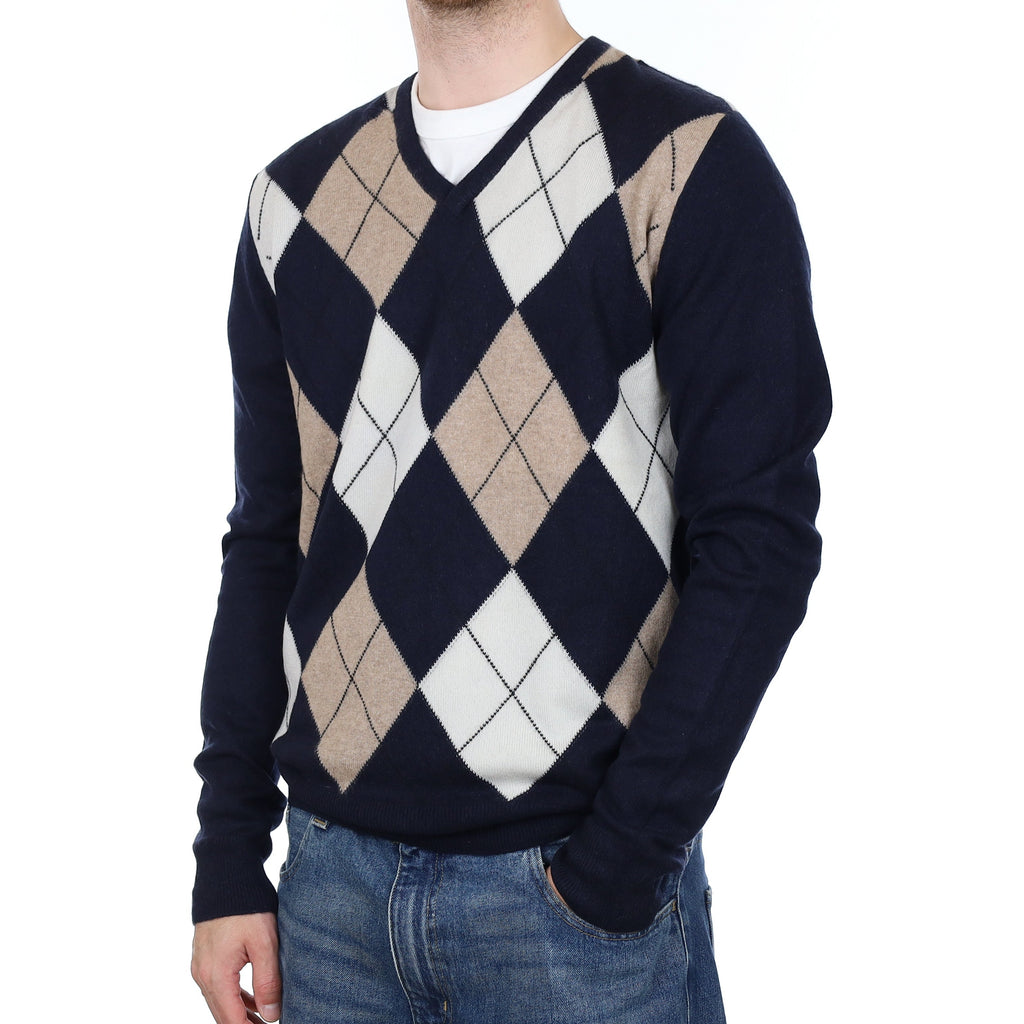 Men's Scottish Pringle Navy Diamond Cashmere V Neck Jumper Large