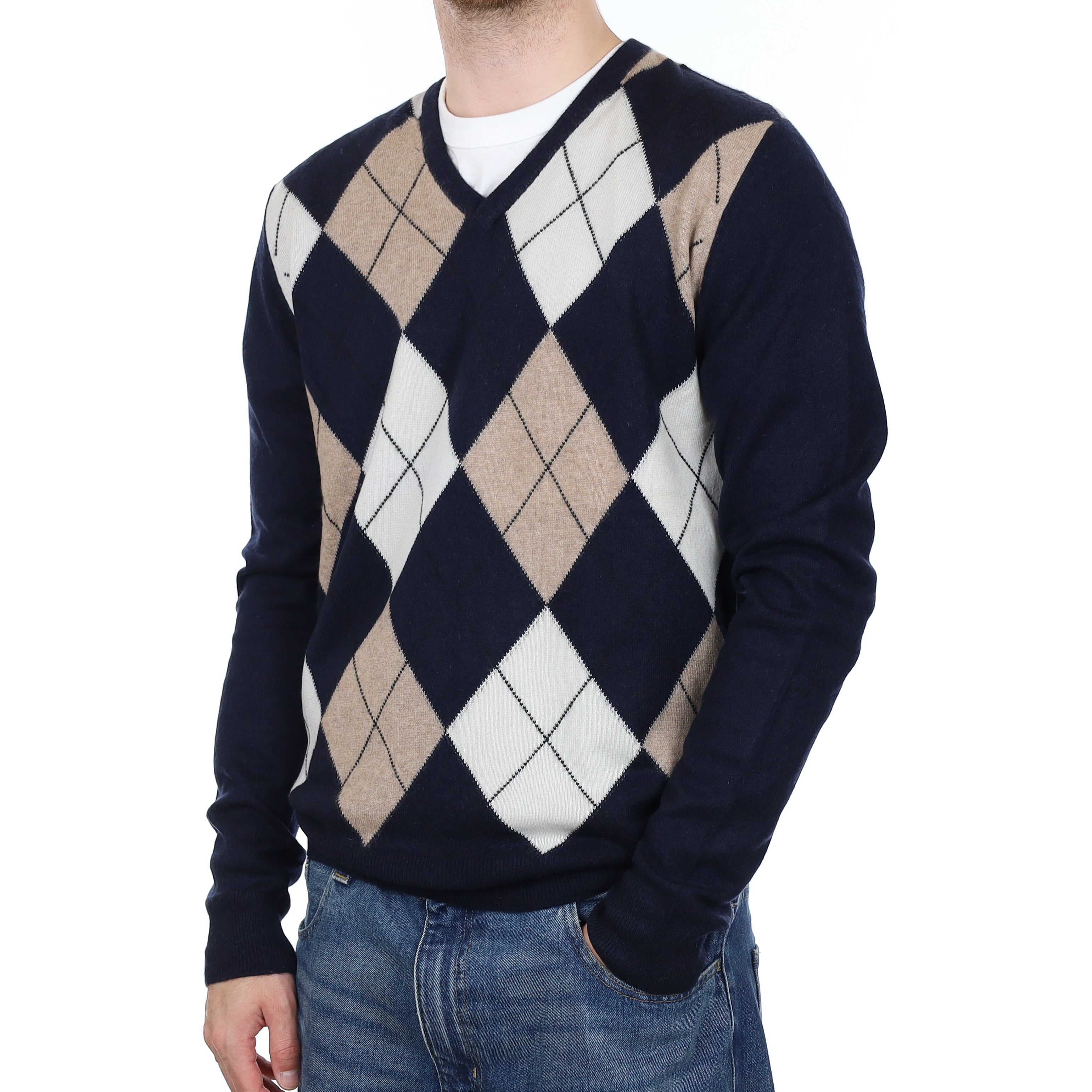 Men's Scottish Pringle Navy Diamond Cashmere V Neck Jumper Large