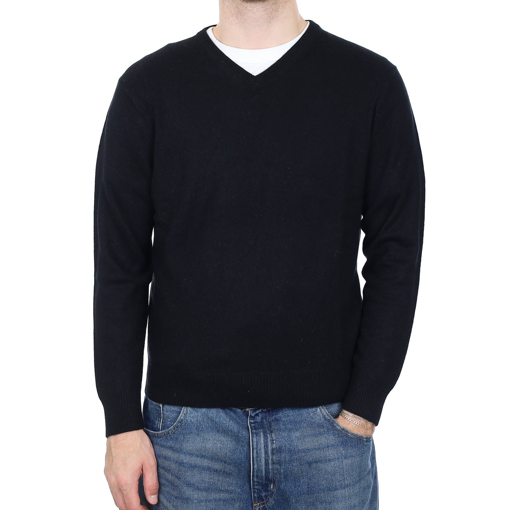 Men's Black Cashmere V Neck Jumper Large