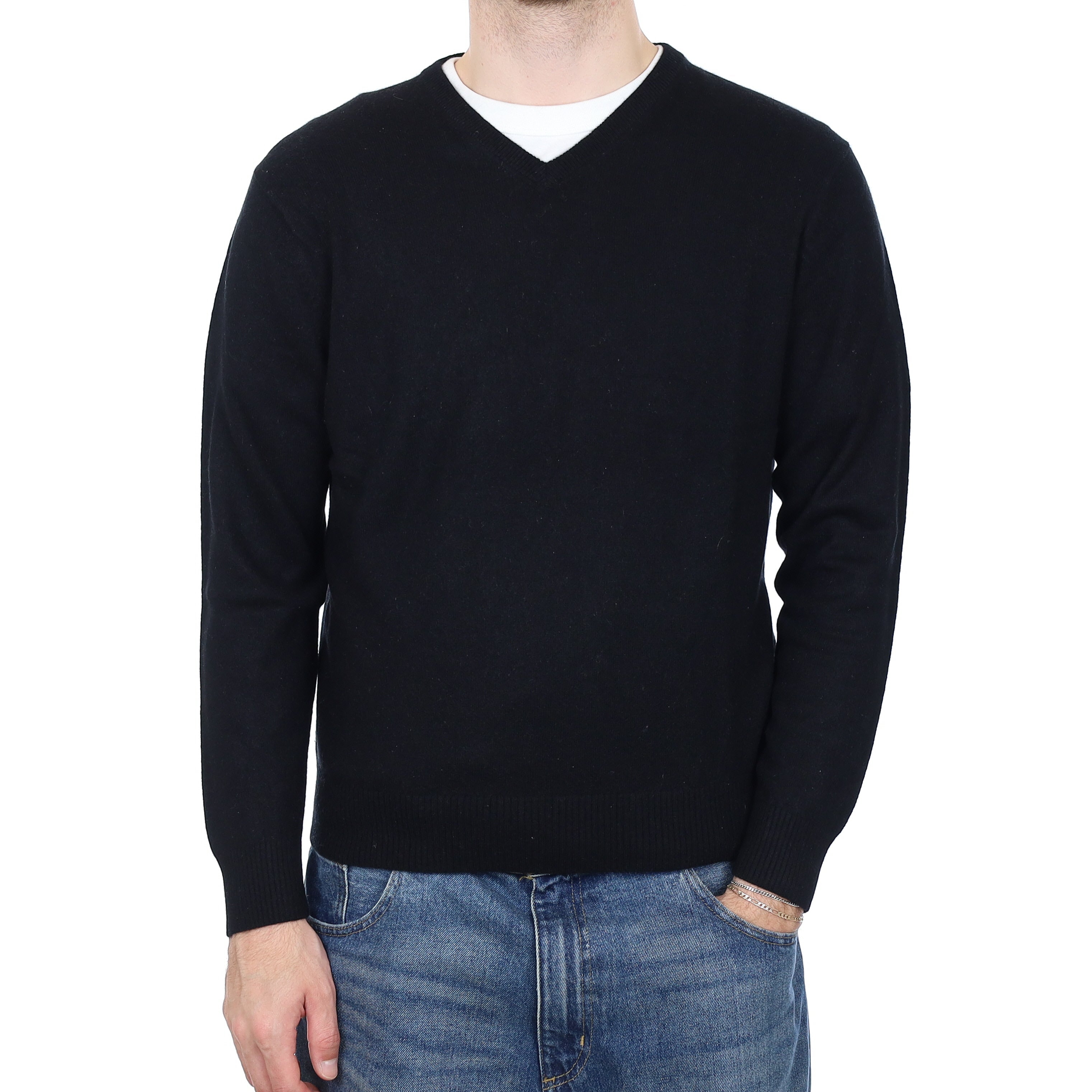 Men's Black Cashmere V Neck Jumper Large