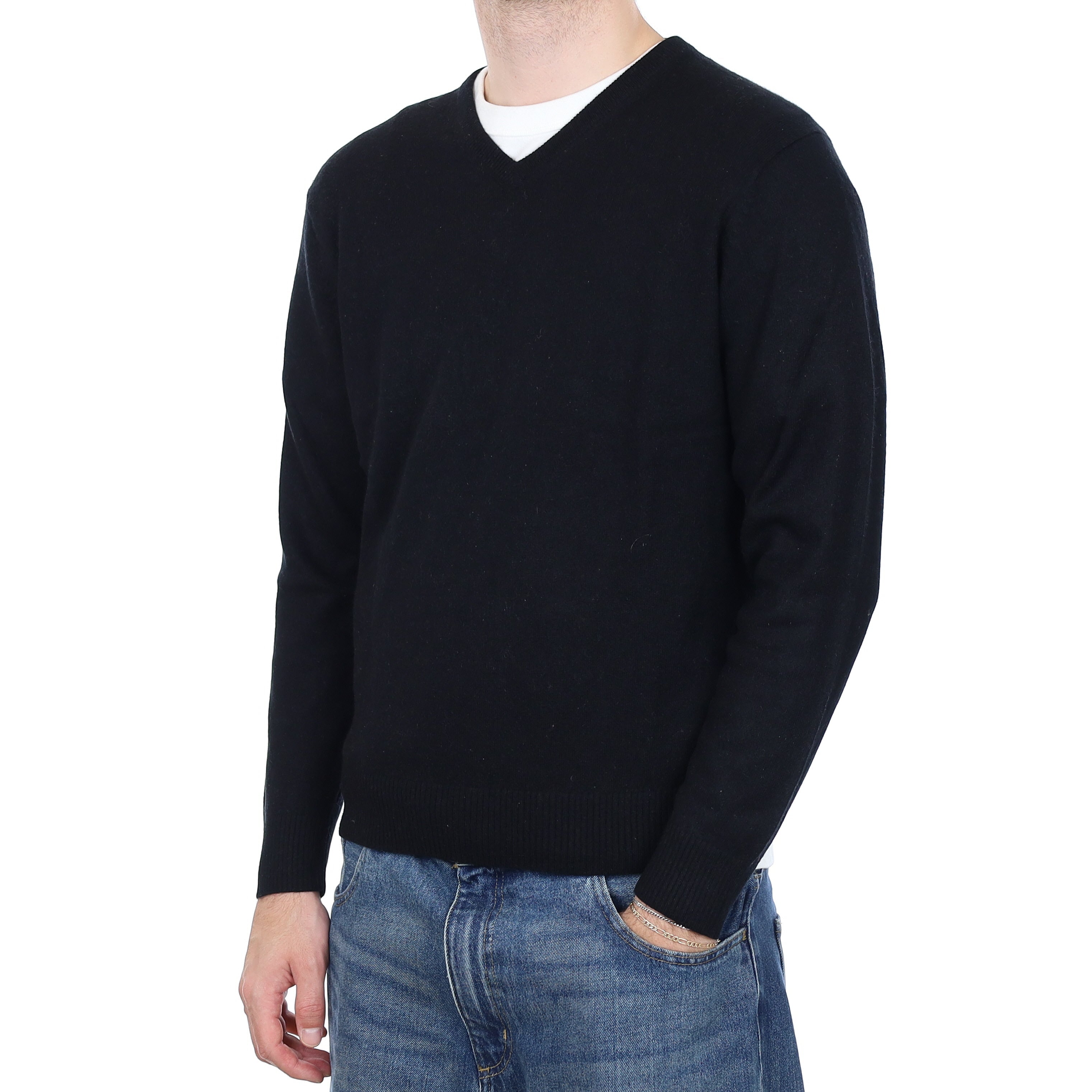 Men's Black Cashmere V Neck Jumper Large