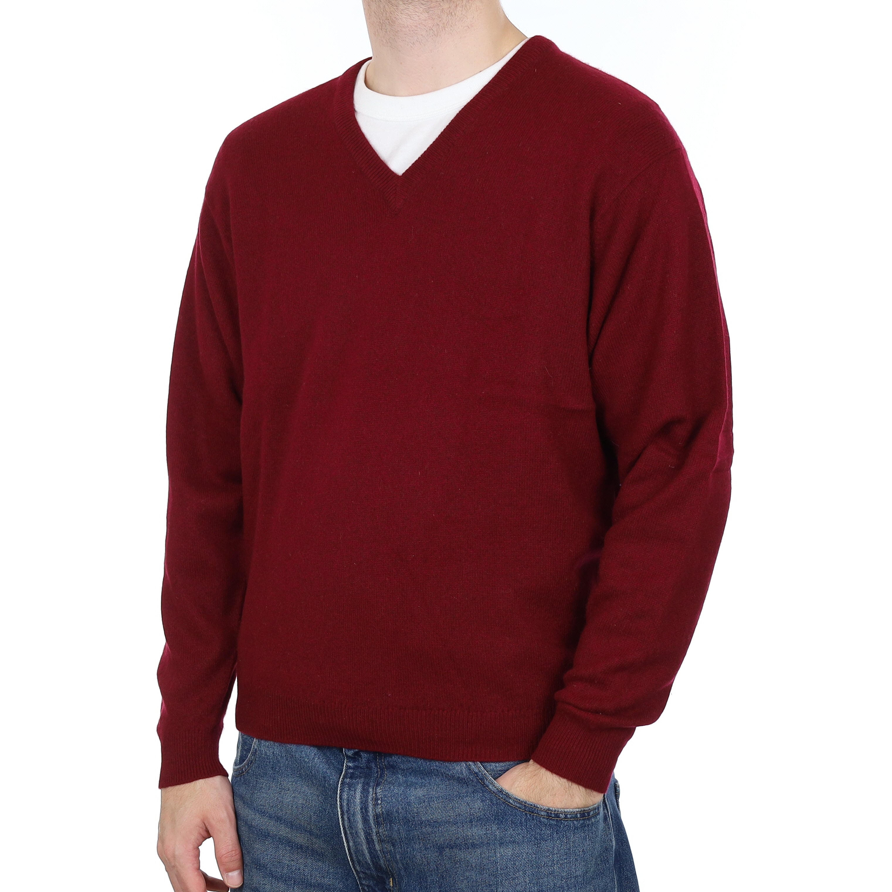 Men's Burgundy Red Cashmere V Neck Jumper Large