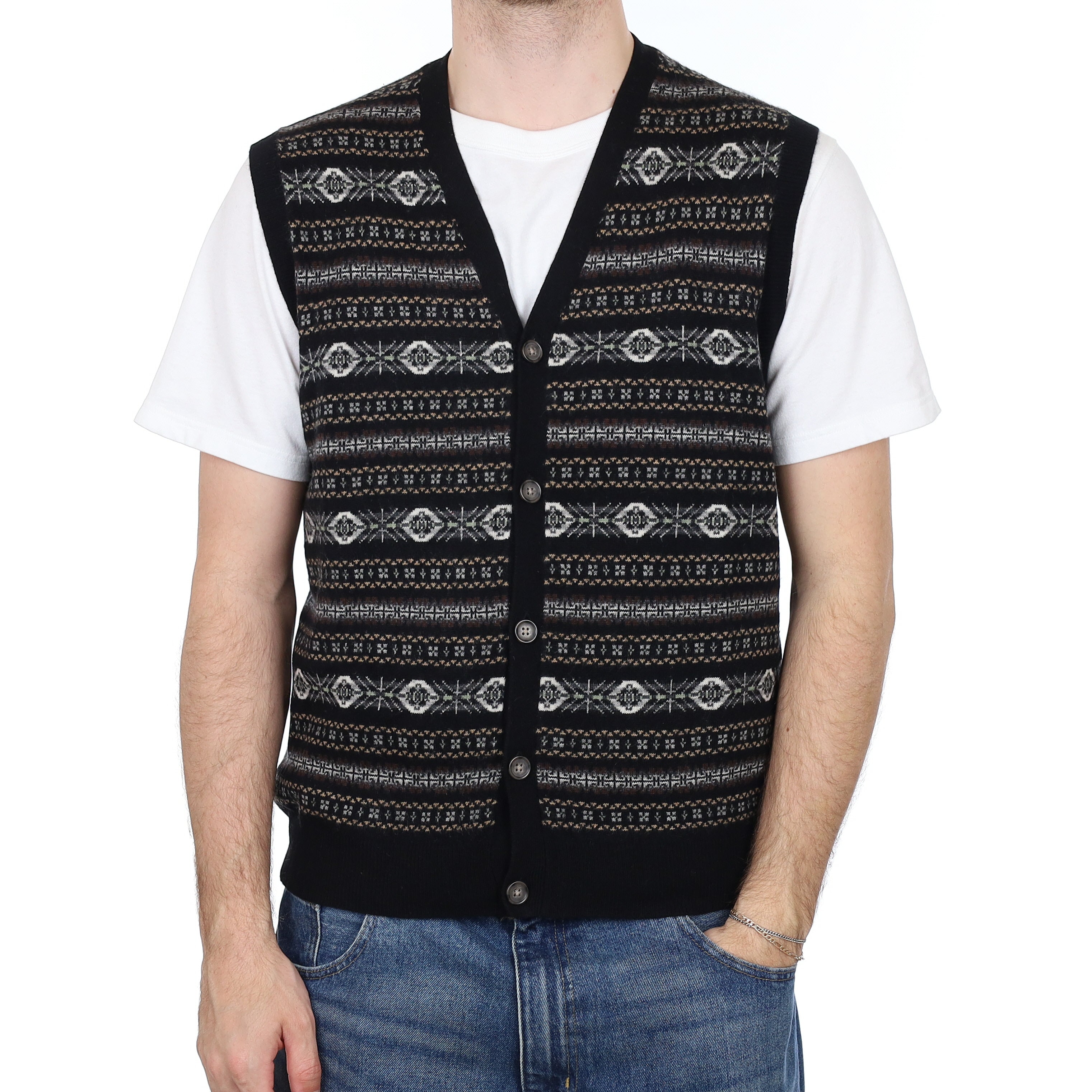Men's Black Fair Isle Cashmere V Neck Waistcoat Large