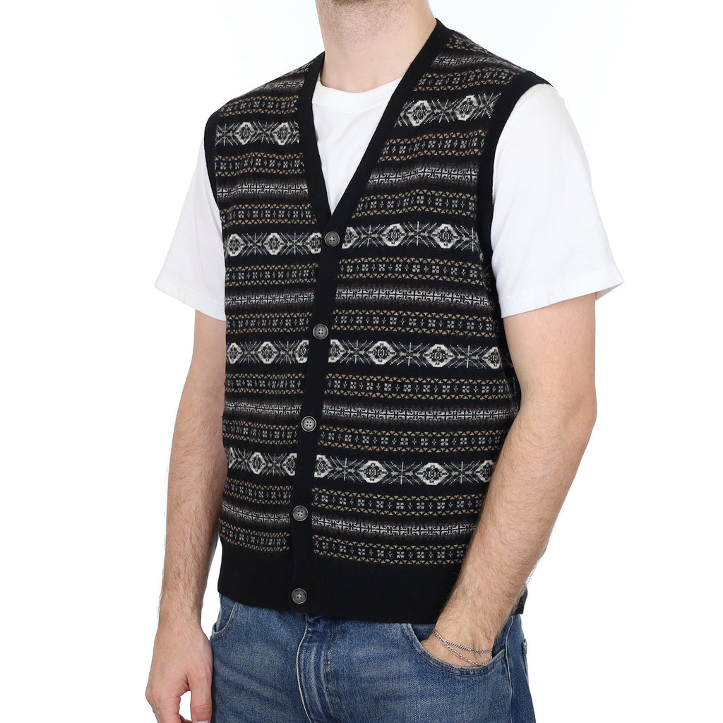Men's Black Fair Isle Cashmere V Neck Waistcoat Large