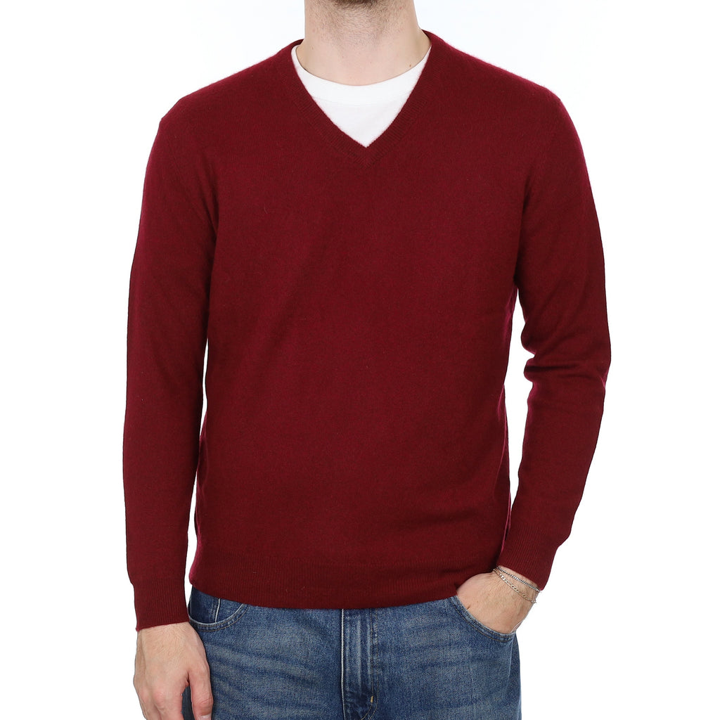 Men's Burgundy Red Cashmere V Neck Jumper Large