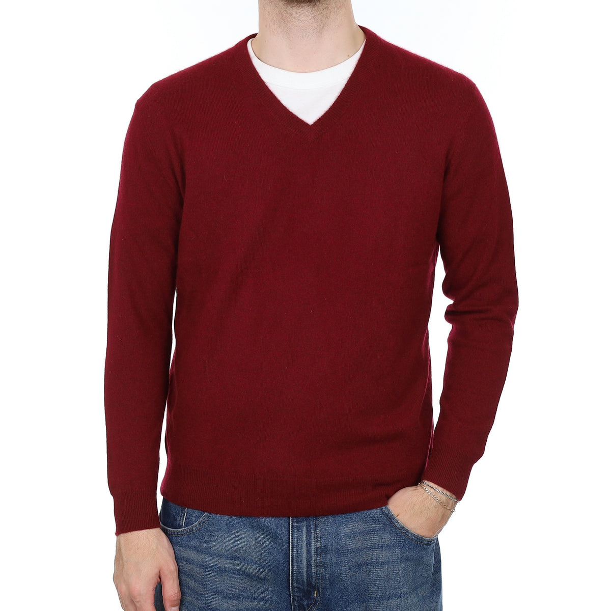 Men's Burgundy Red Cashmere V Neck Jumper Large