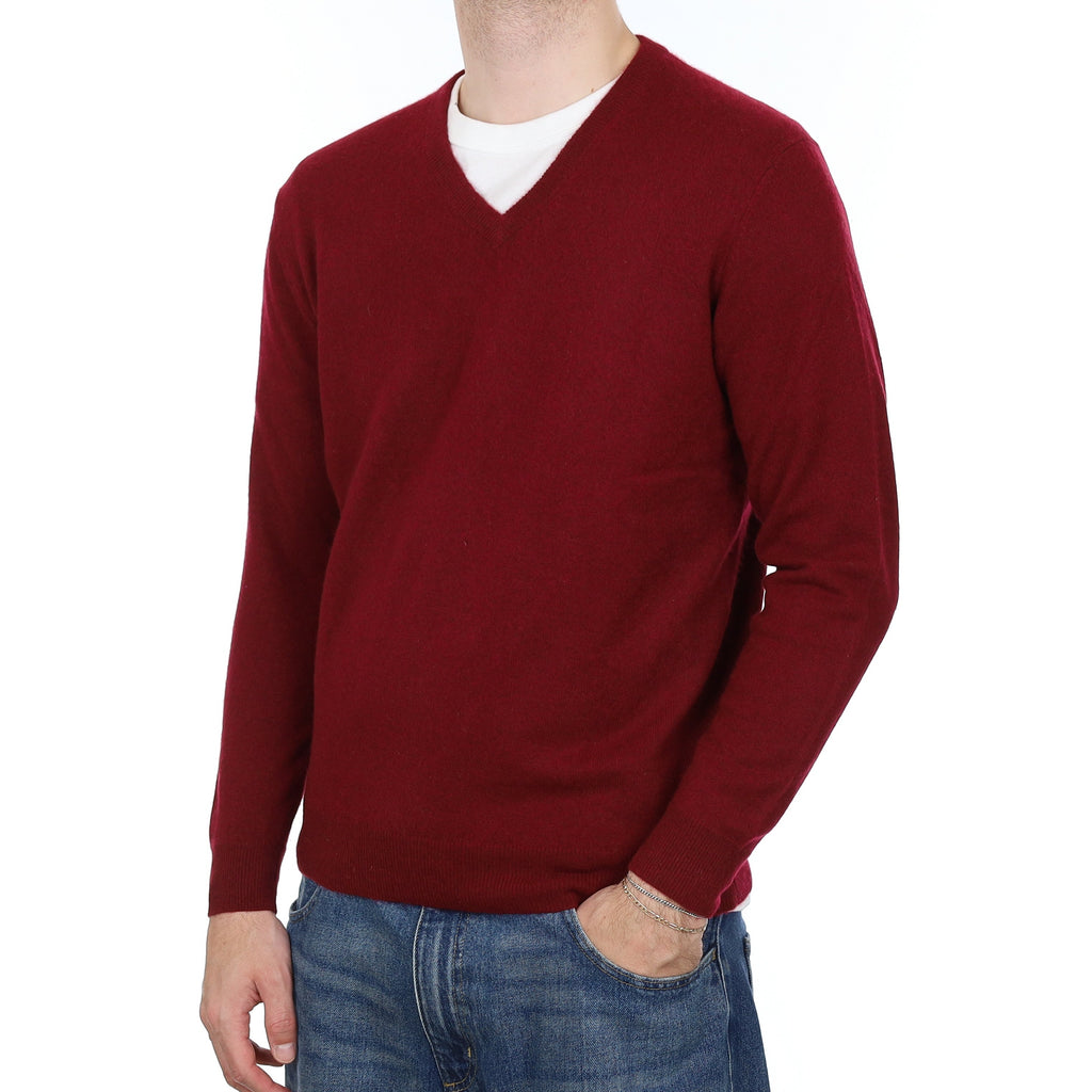 Men's Burgundy Red Cashmere V Neck Jumper Large