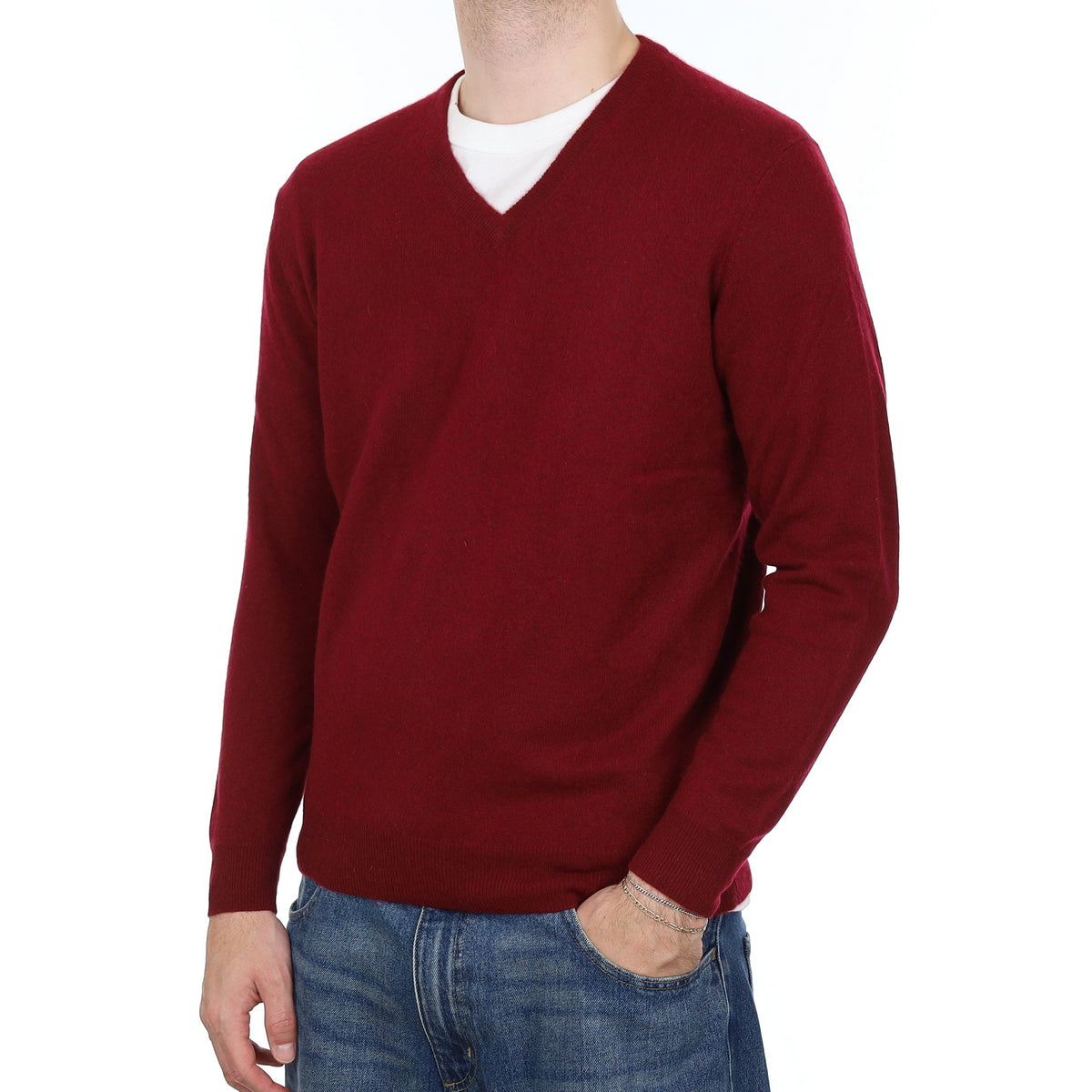 Men's Burgundy Red Cashmere V Neck Jumper Large
