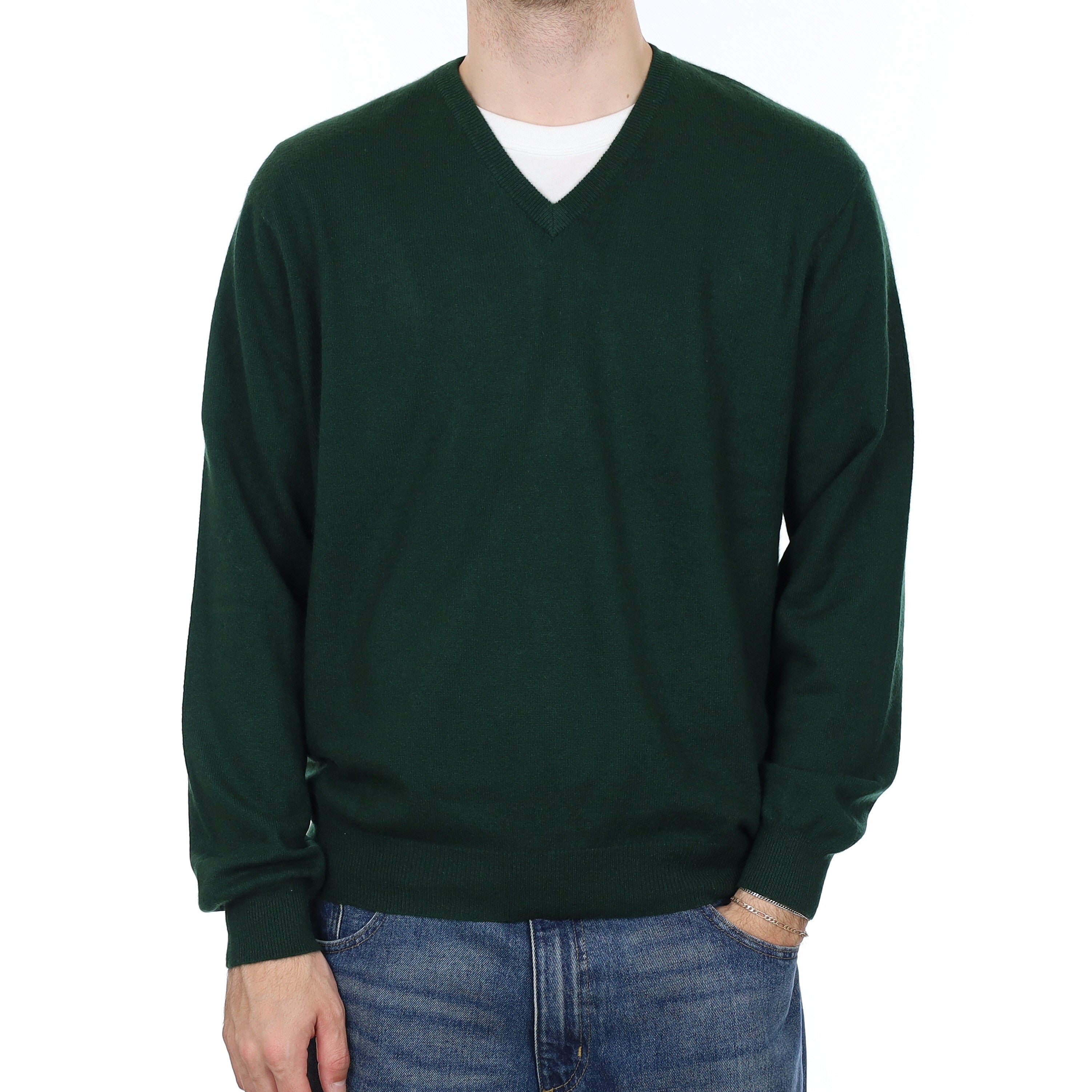 Men's Racing Green Cashmere V Neck Jumper Large