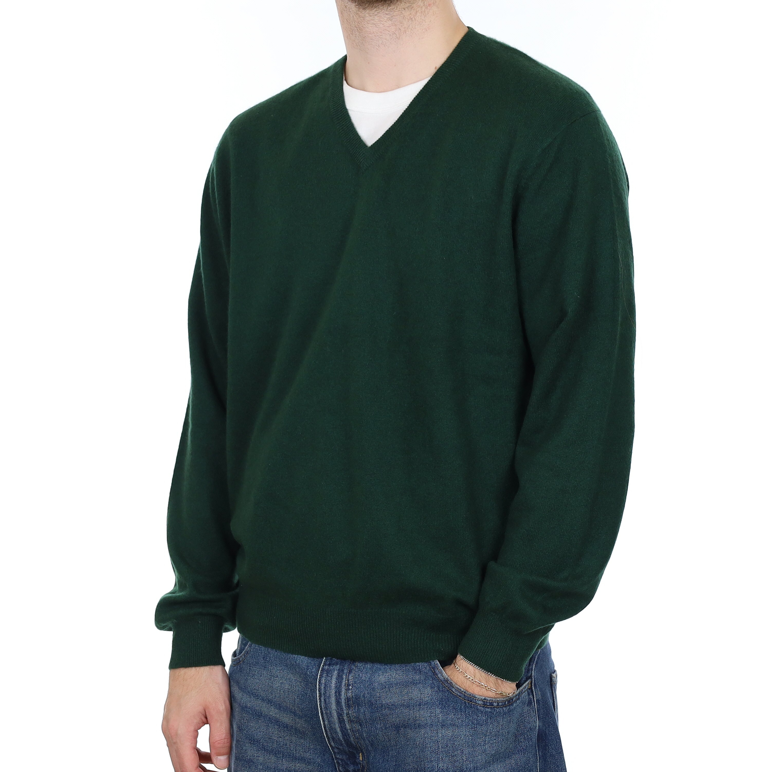 Men's Racing Green Cashmere V Neck Jumper Large