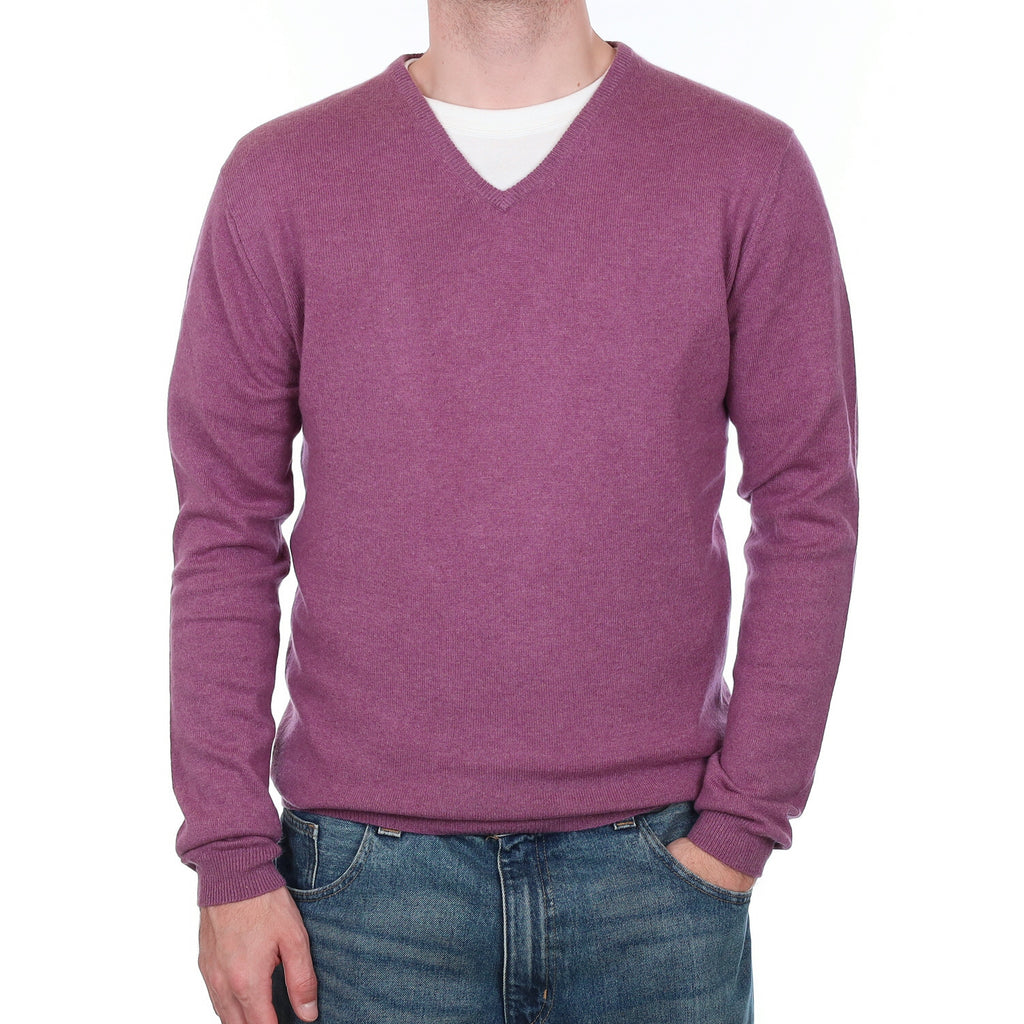 Men's Heather Purple Cashmere V Neck Jumper Large