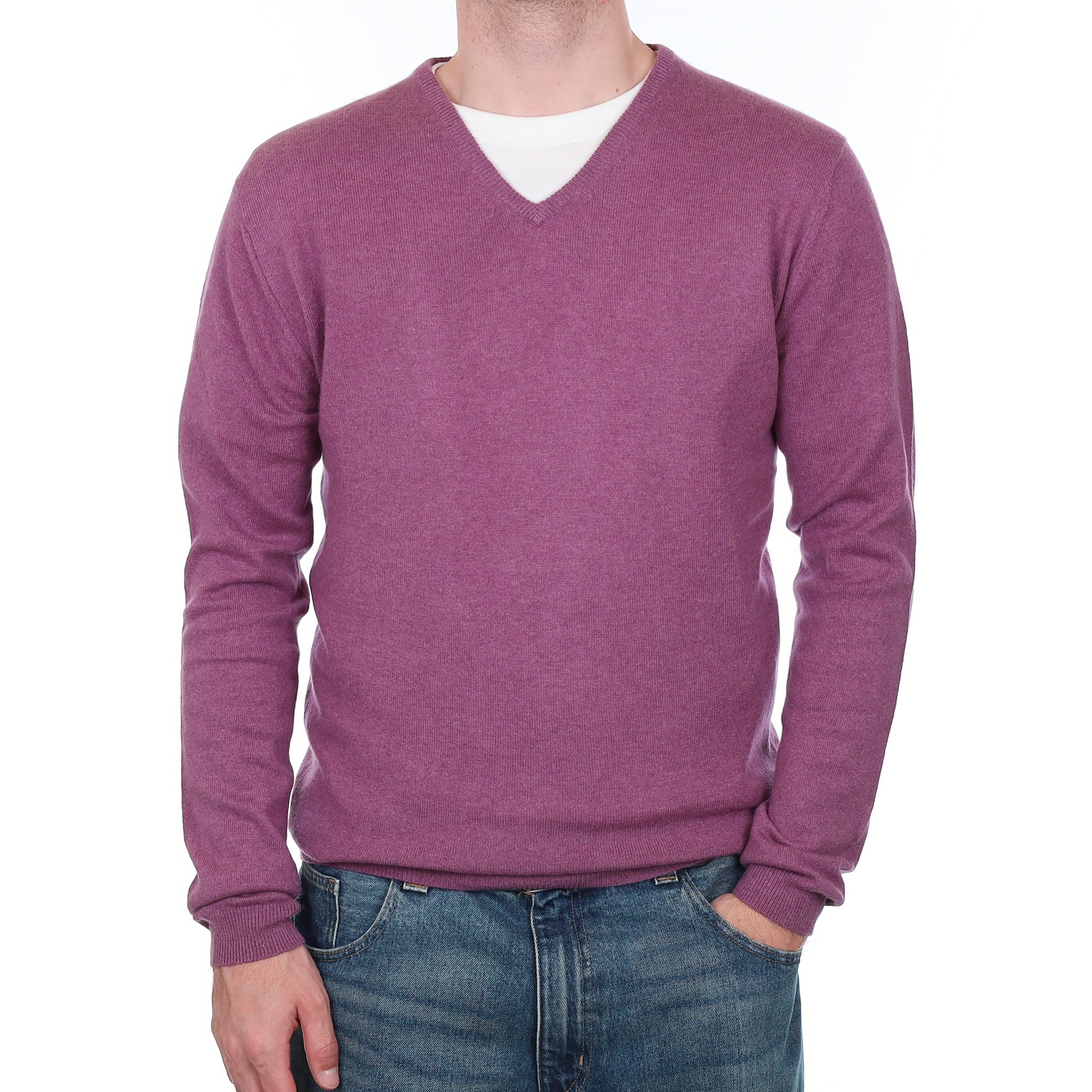 Men's Heather Purple Cashmere V Neck Jumper Large