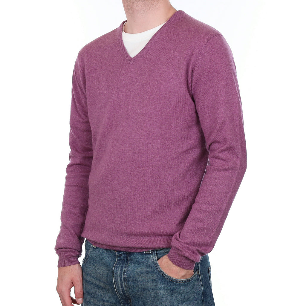 Men's Heather Purple Cashmere V Neck Jumper Large