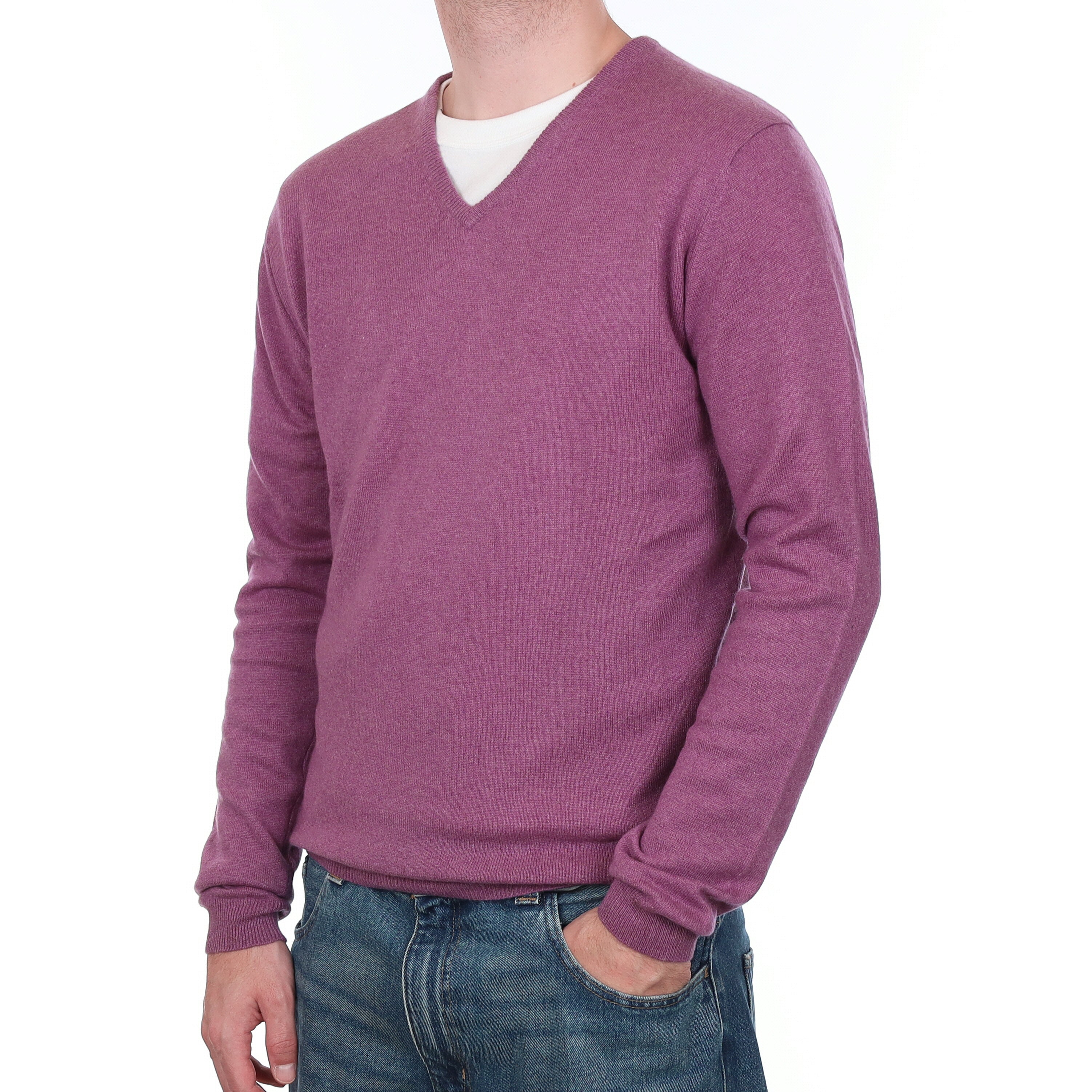 Men's Heather Purple Cashmere V Neck Jumper Large