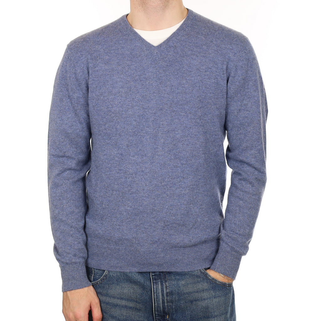 Men's Denim Blue Cashmere V Neck Jumper Large