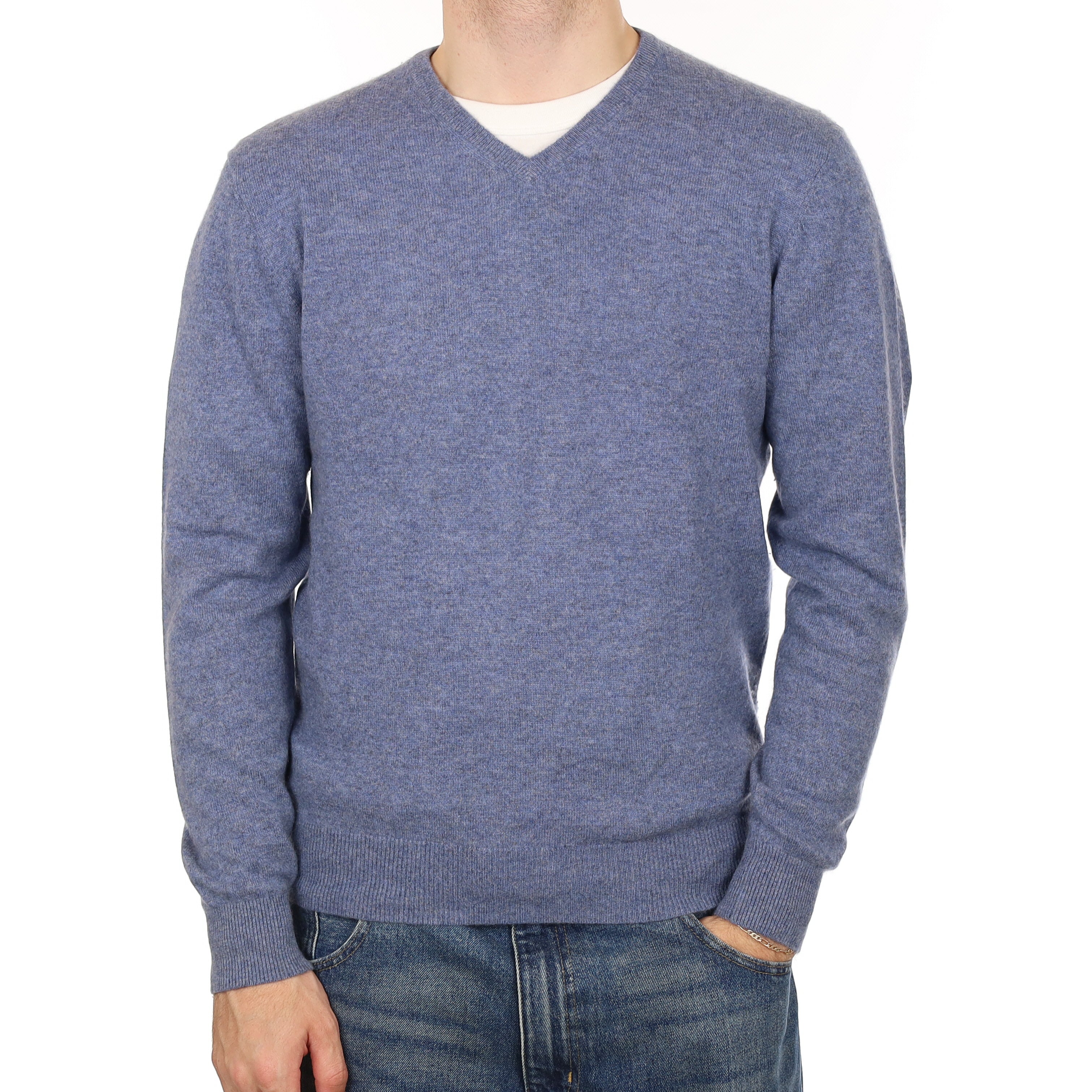 Men's Denim Blue Cashmere V Neck Jumper Large