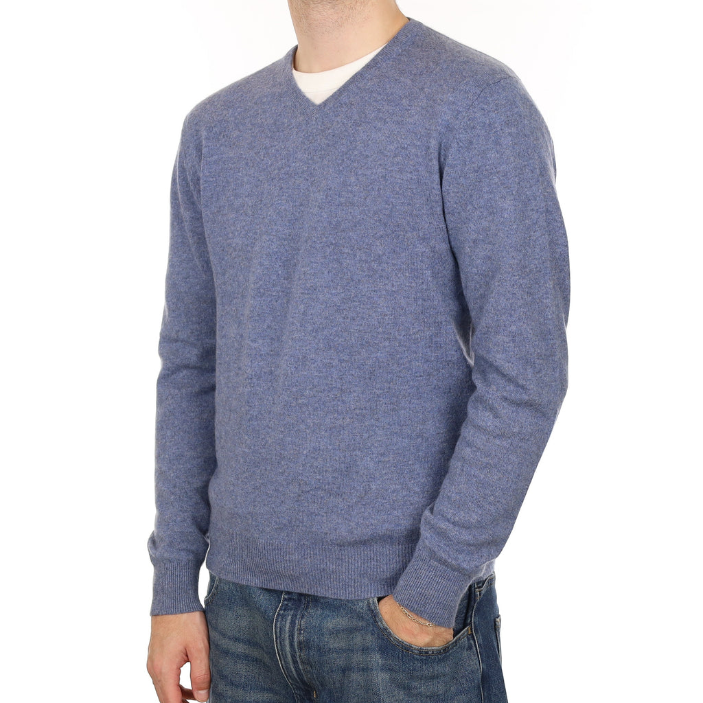 Men's Denim Blue Cashmere V Neck Jumper Large