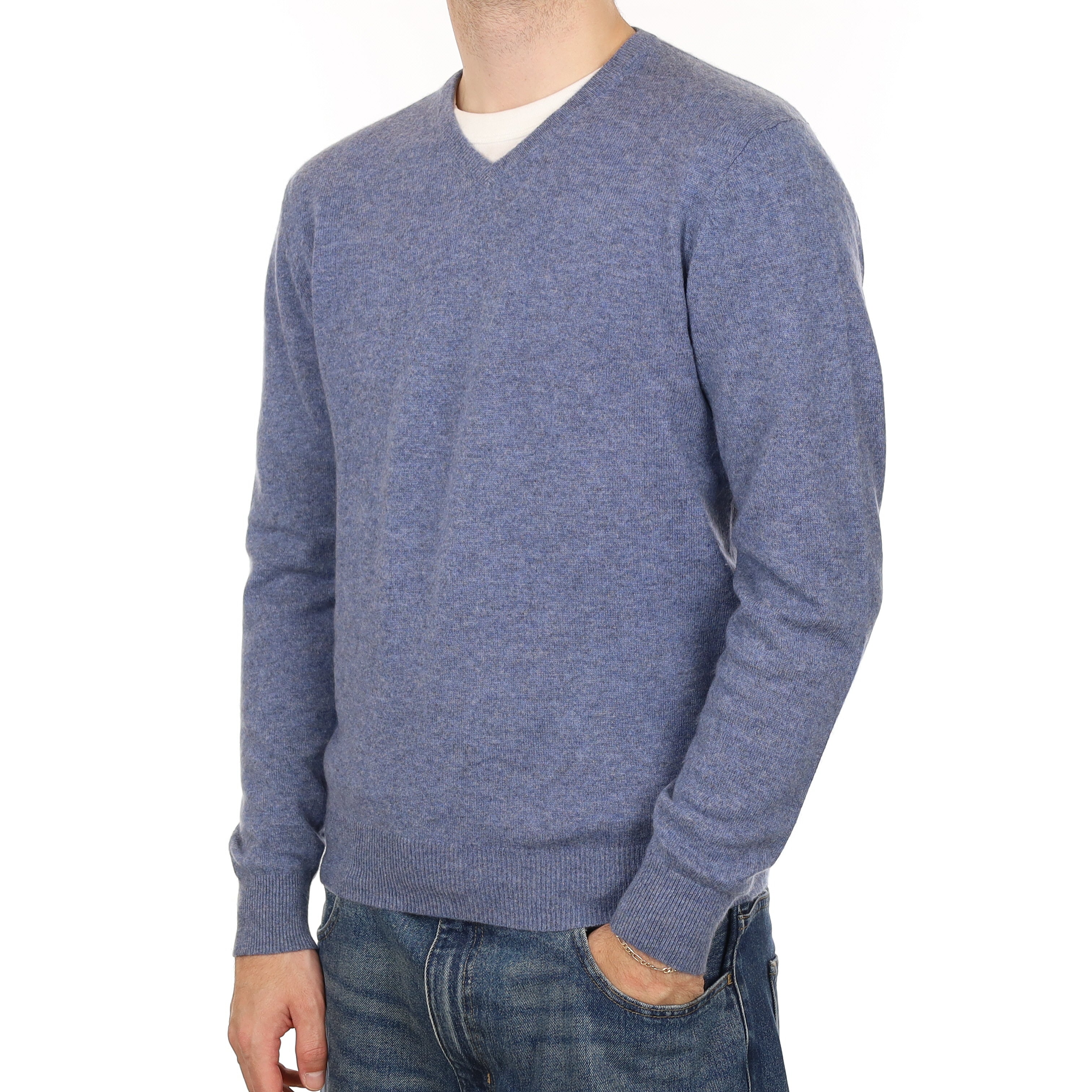 Men's Denim Blue Cashmere V Neck Jumper Large