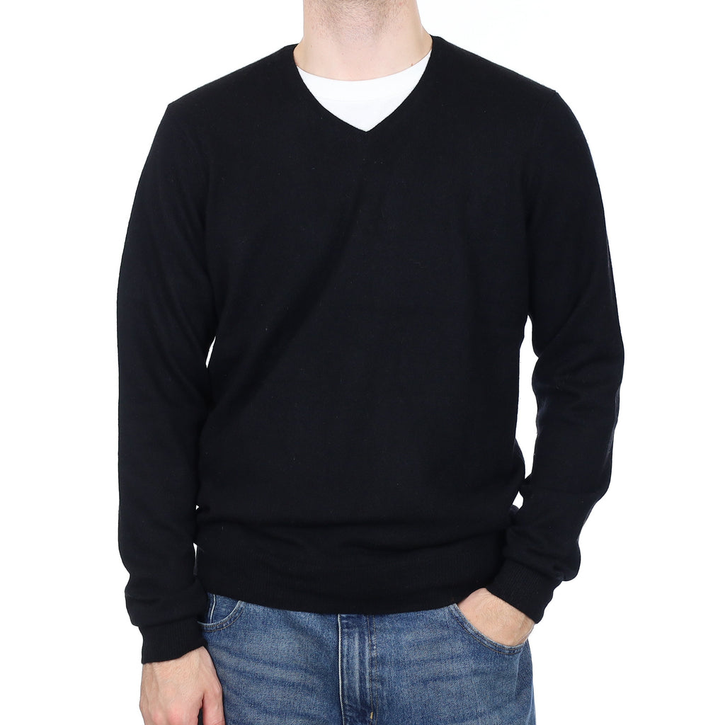 Men's Black Cashmere V Neck Jumper Large