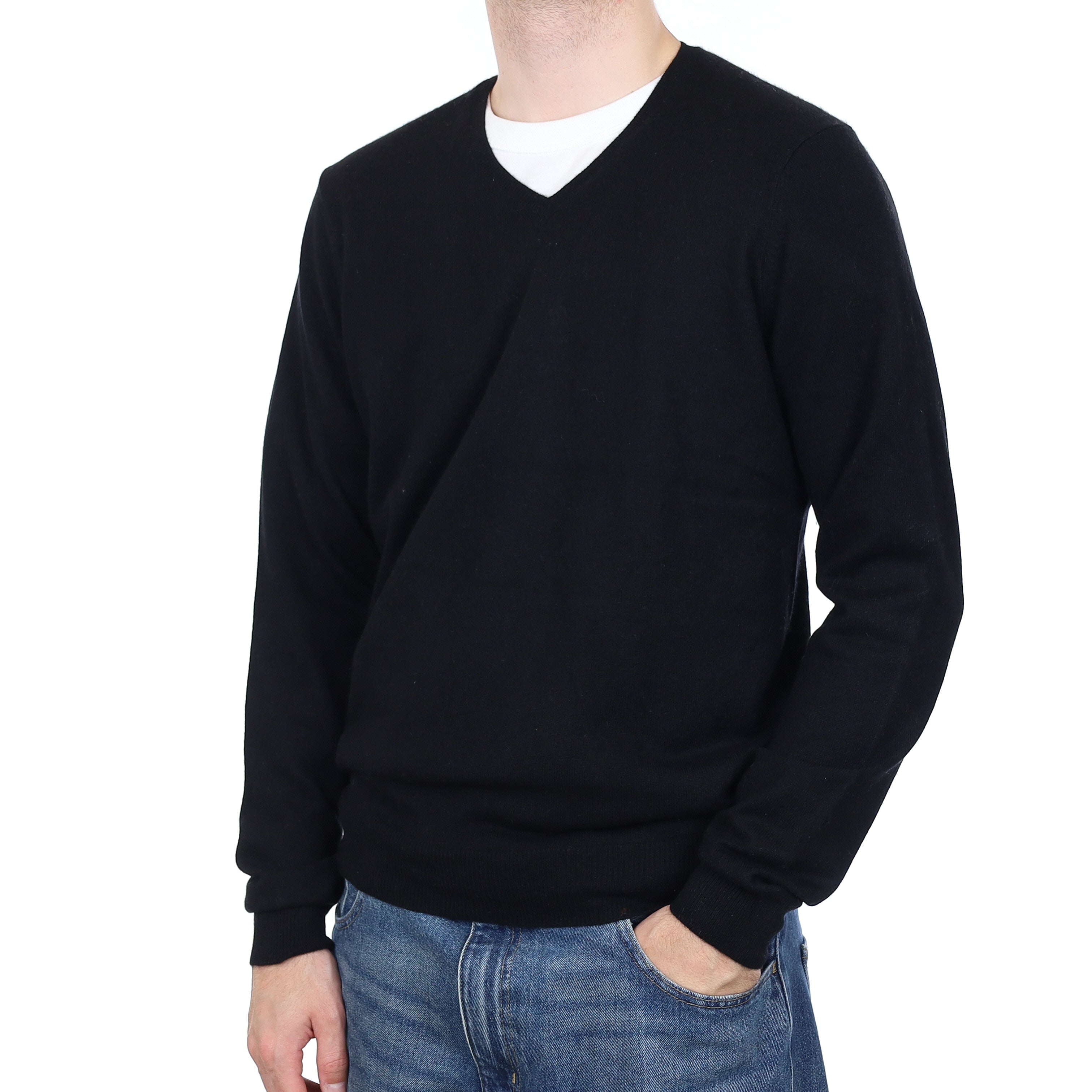 Men's Black Cashmere V Neck Jumper Large