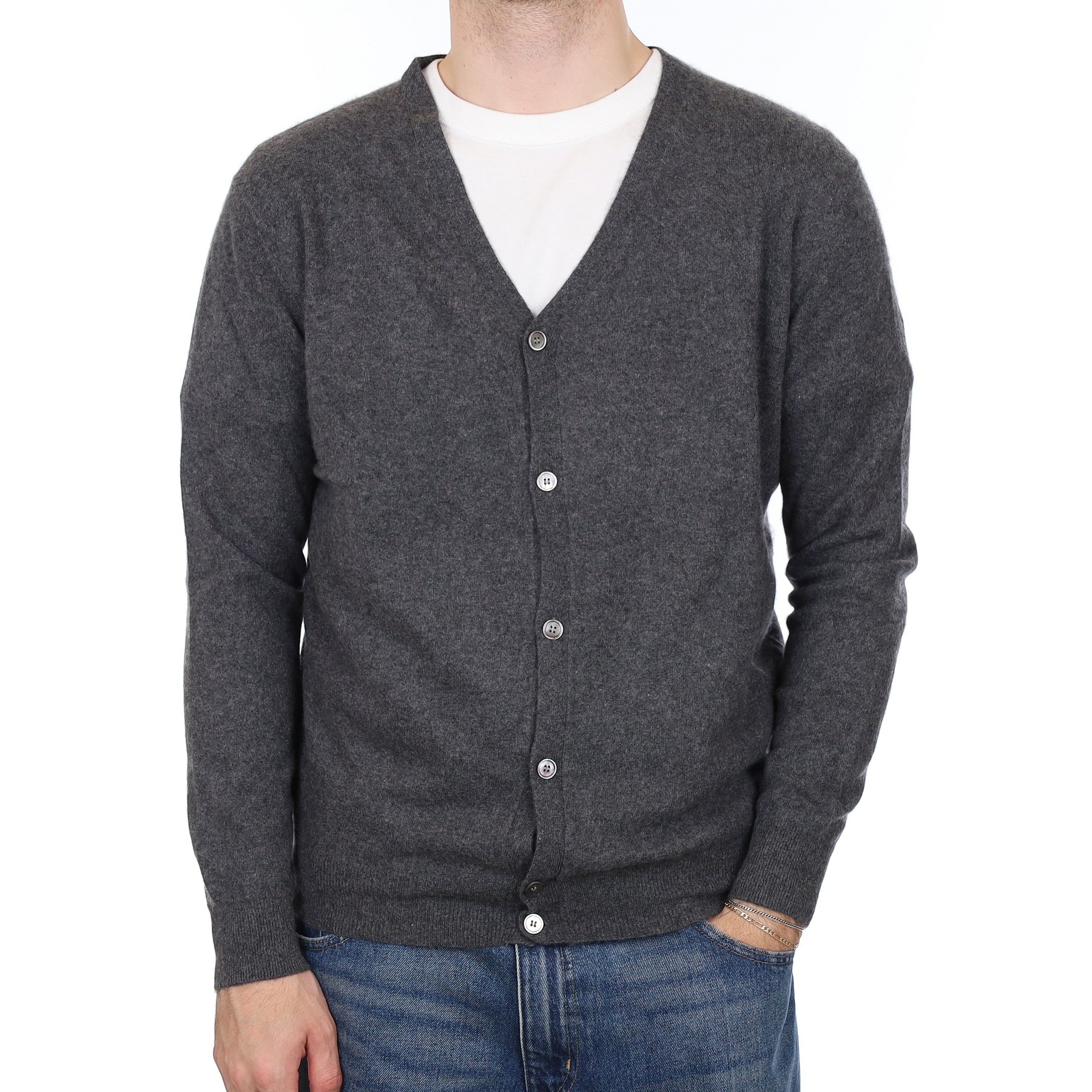 Men's Slate Grey Cashmere V Neck Jumper Large