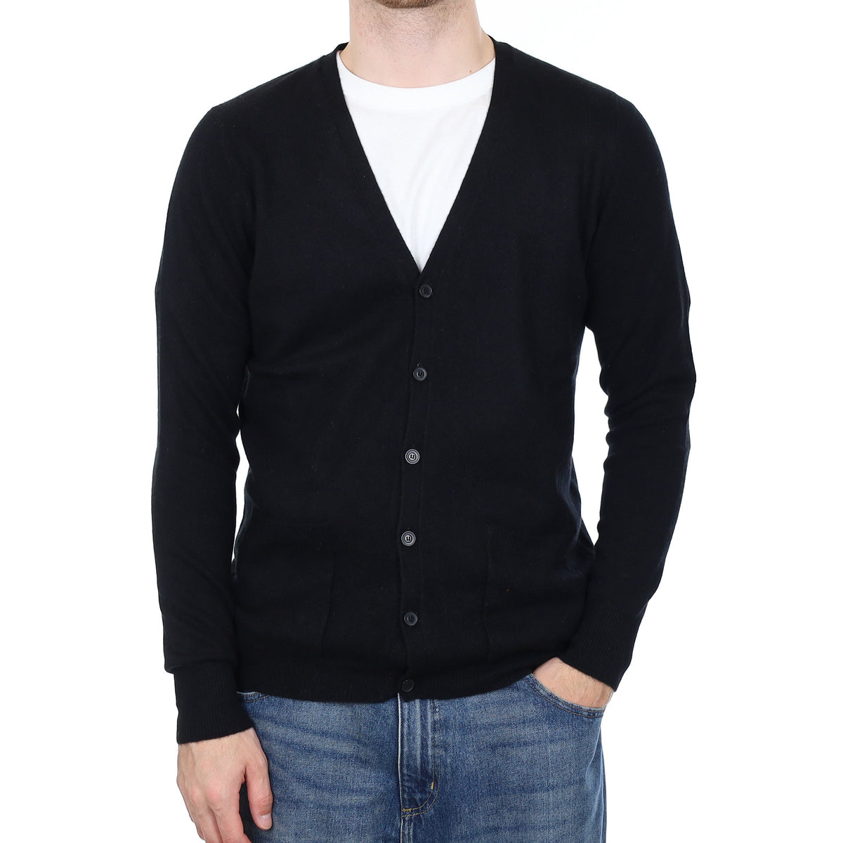 Men's Black Cashmere V Neck Cardigan with Pockets Large/Tall
