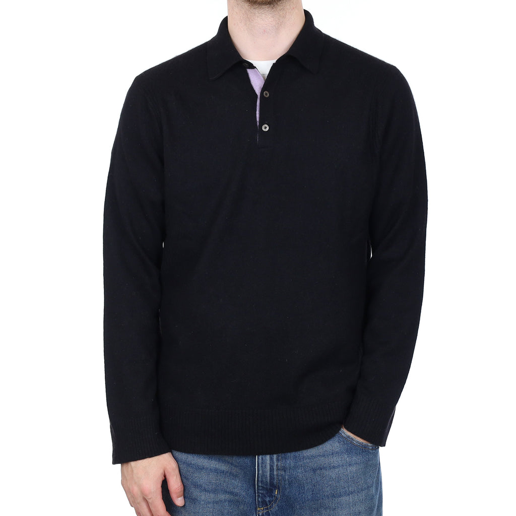 Men's Black Cashmere Collared 1/4 Button Jumper Large/ Tall