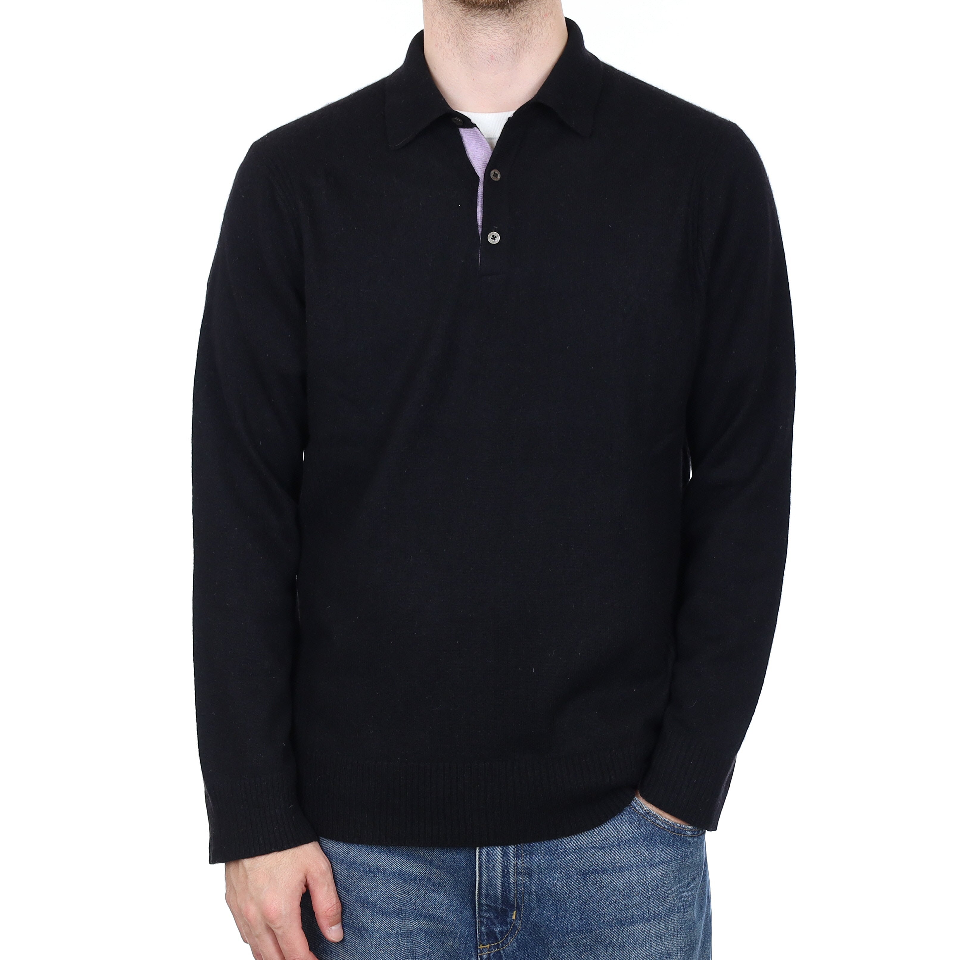 Men's Black Cashmere Collared 1/4 Button Jumper Large/ Tall
