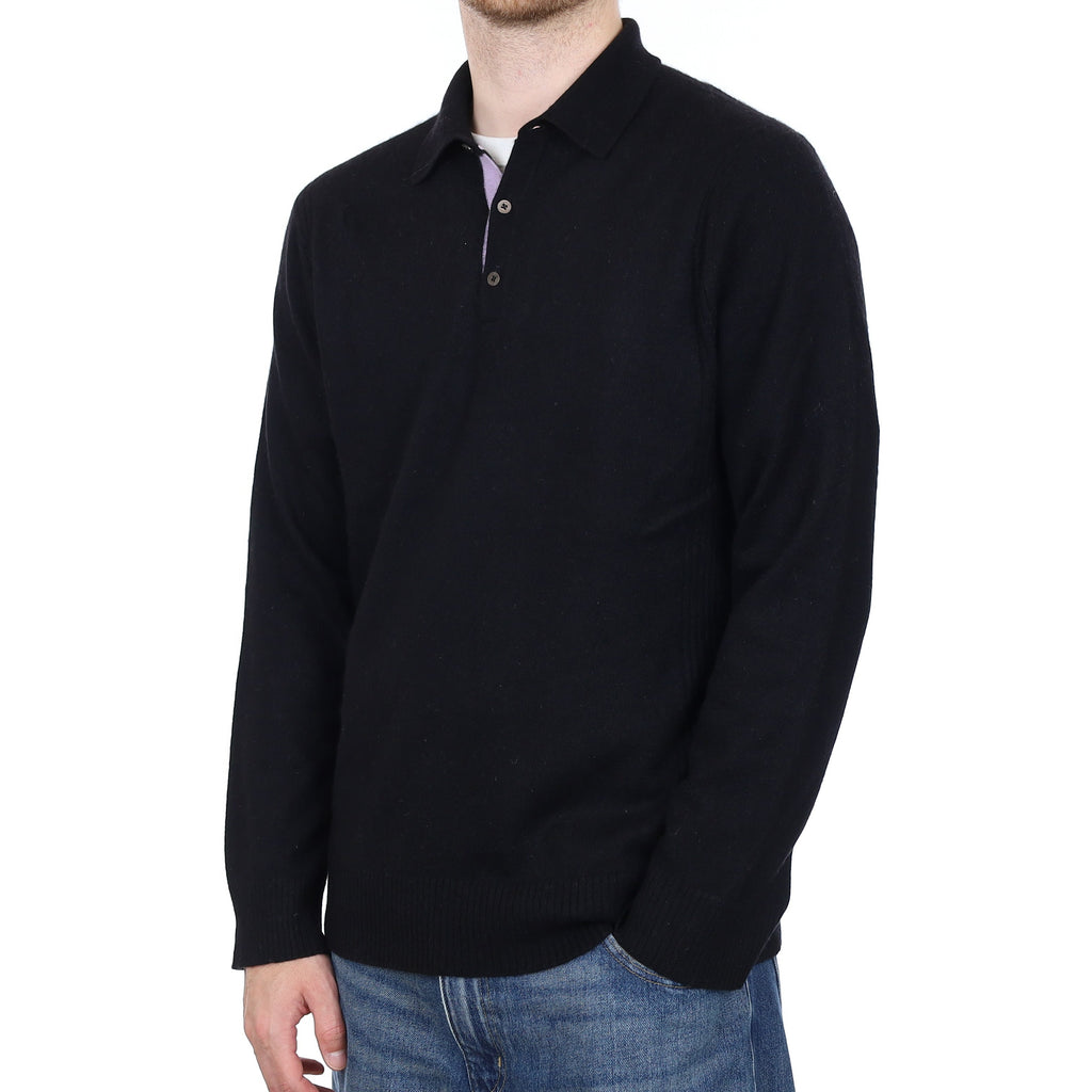 Men's Black Cashmere Collared 1/4 Button Jumper Large/ Tall