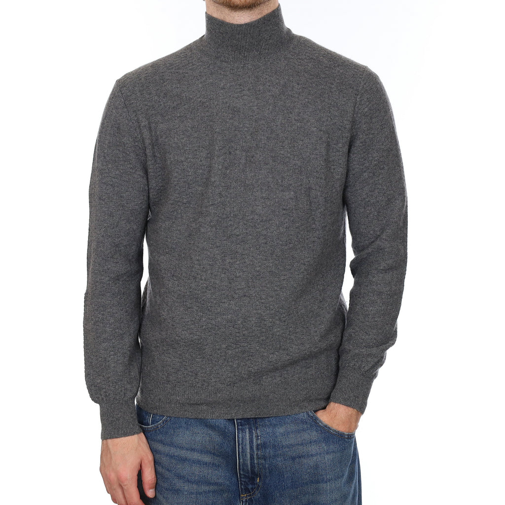 Men's Slate Grey Textured Cashmere Turtle Neck Jumper Large