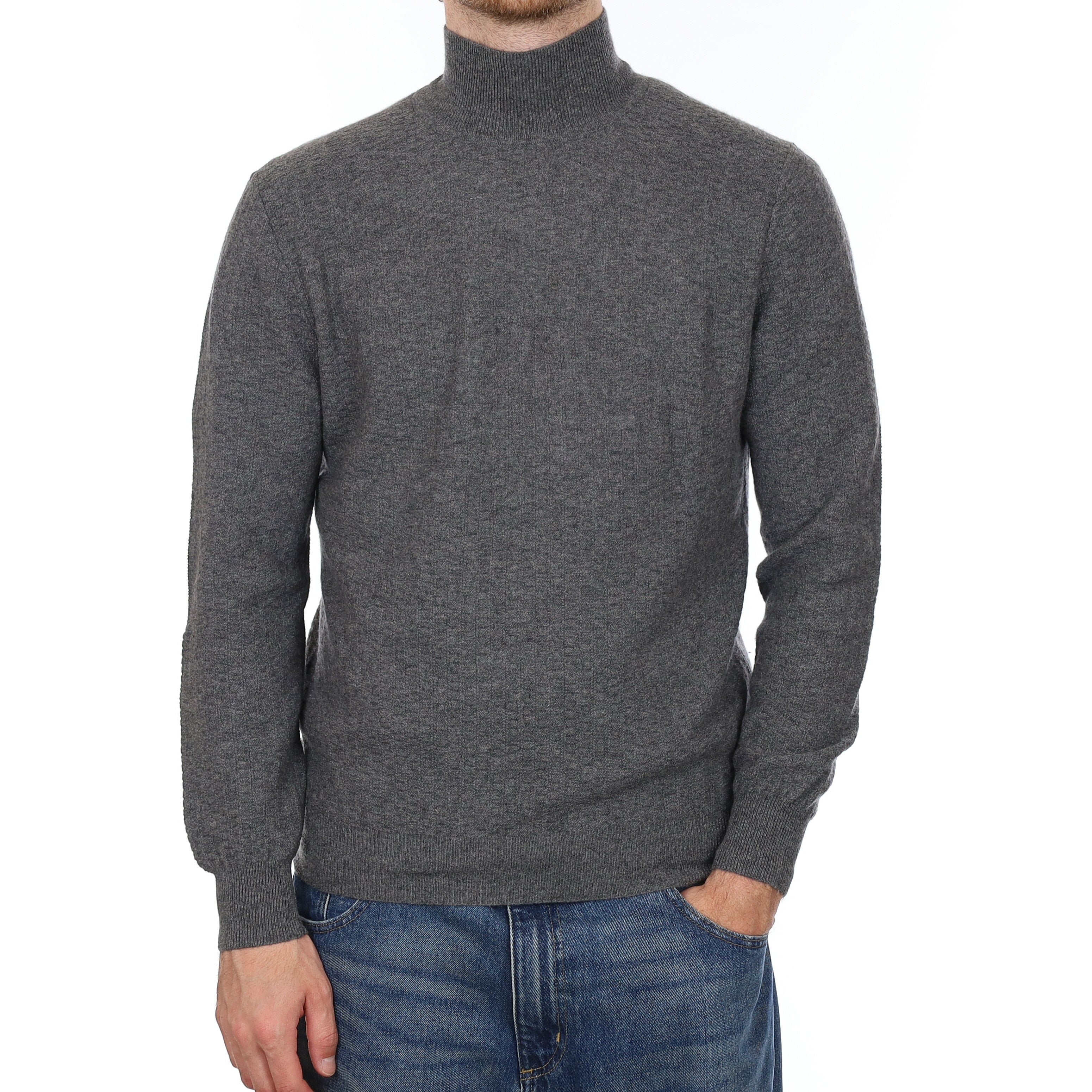 Men's Slate Grey Textured Cashmere Turtle Neck Jumper Large