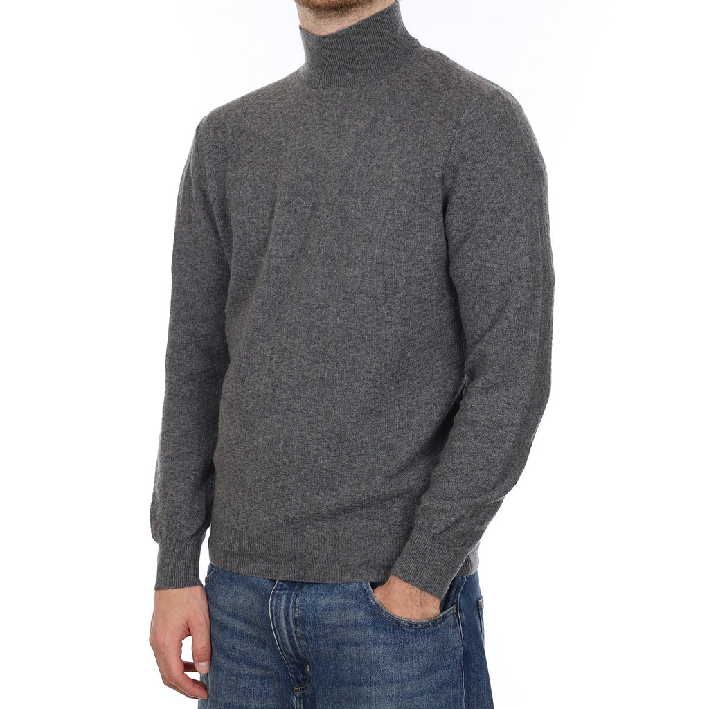Men's Slate Grey Textured Cashmere Turtle Neck Jumper Large