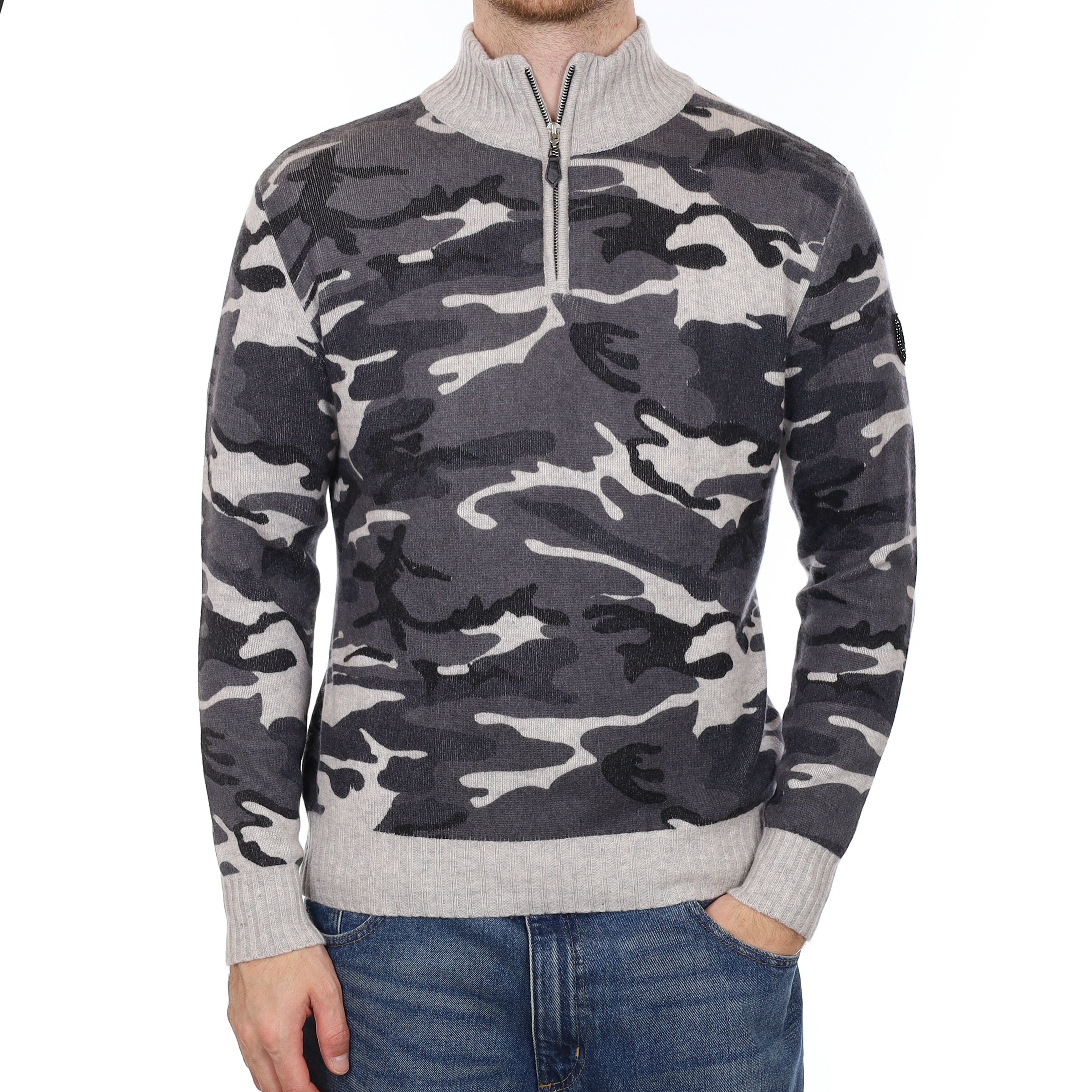 Men's Grey Camouflage Cashmere 1/4 Zip Jumper Large