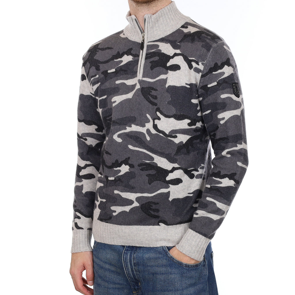 Men's Grey Camouflage Cashmere 1/4 Zip Jumper Large